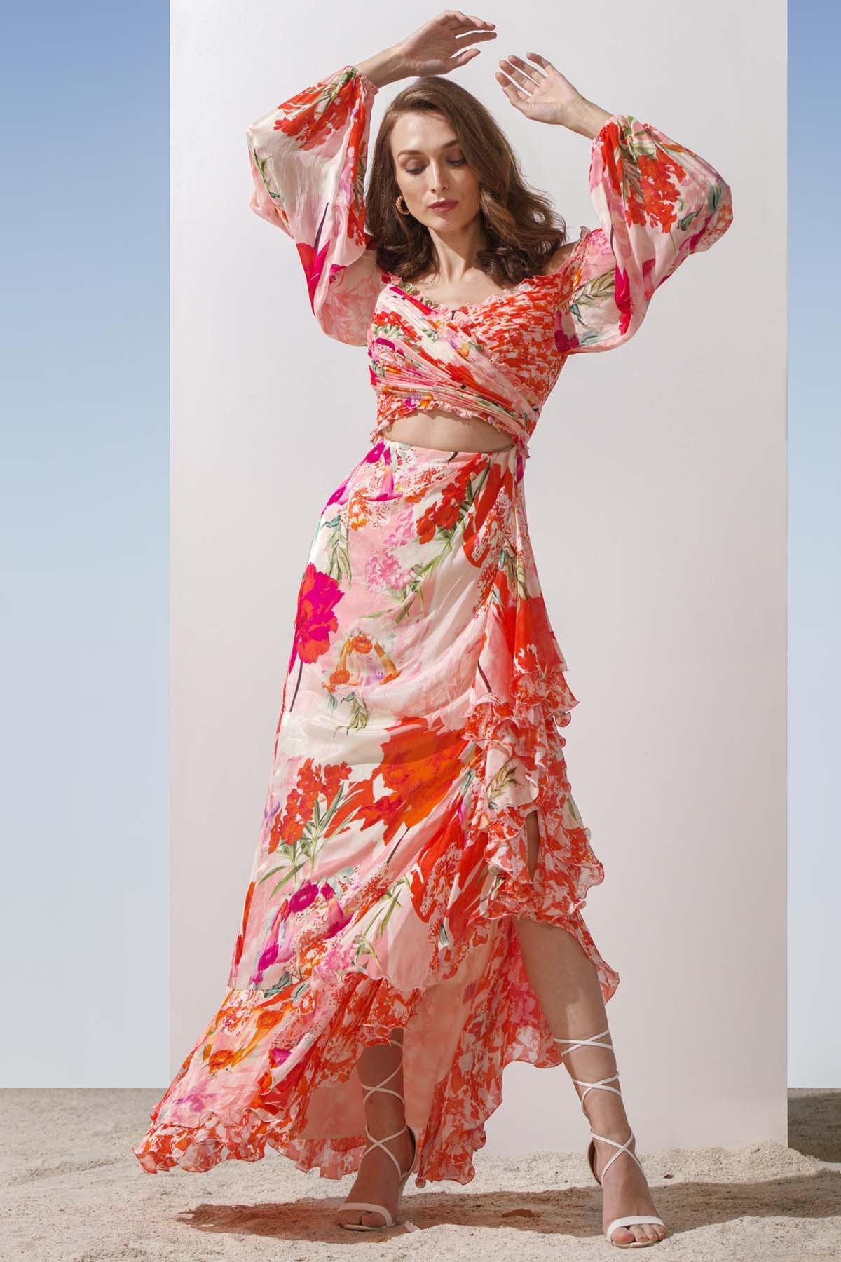 Buy Floral Printed Draped Dress by Mandira Wirk