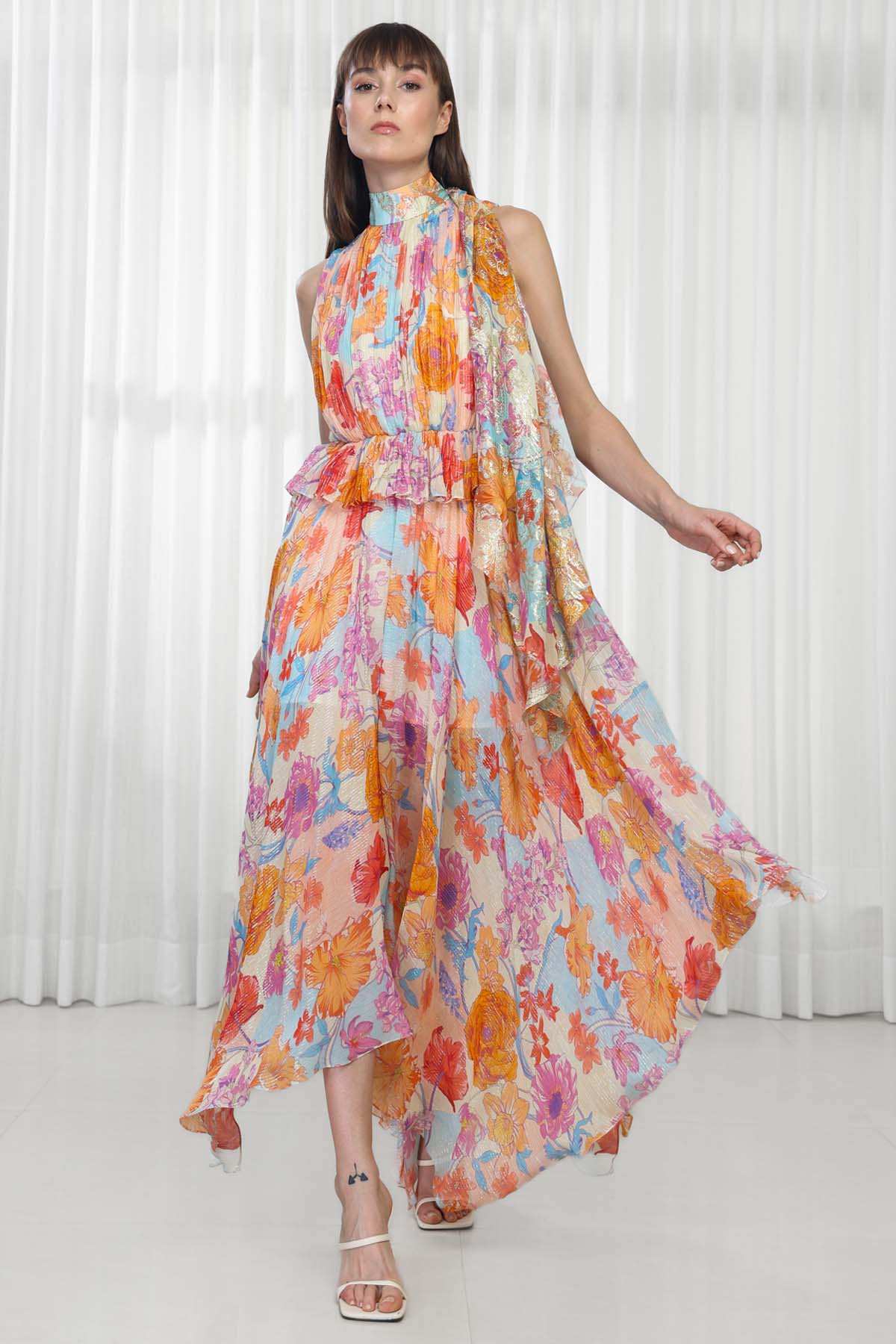 Buy Floral Printed Neck Tie-up Dress by Mandira Wirk