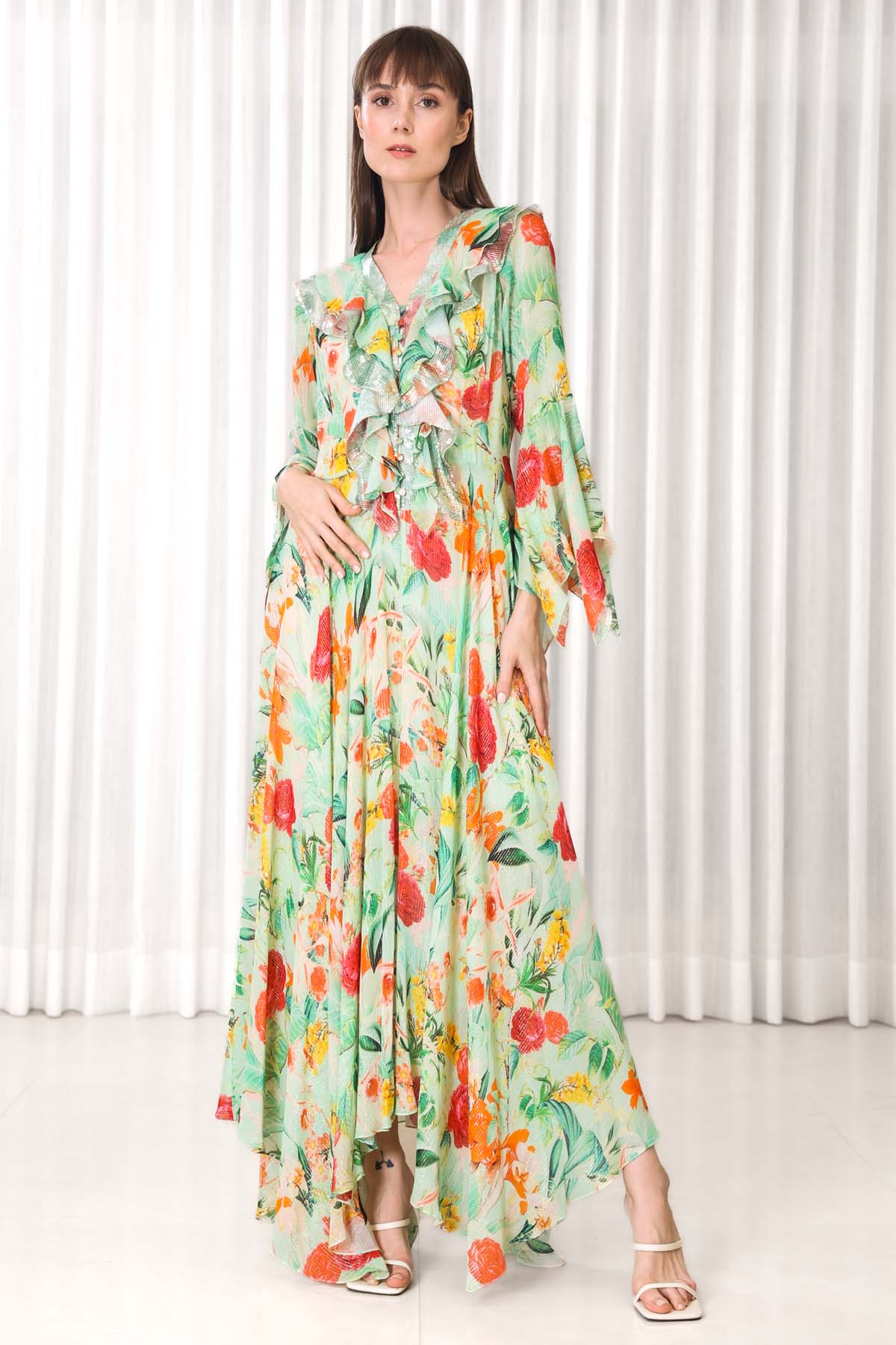 Buy Floral Printed Ruffled Dress by Mandira Wirk