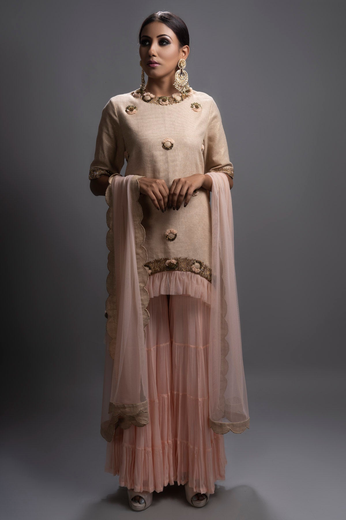 Peach Frill Patchwork Kurta Set