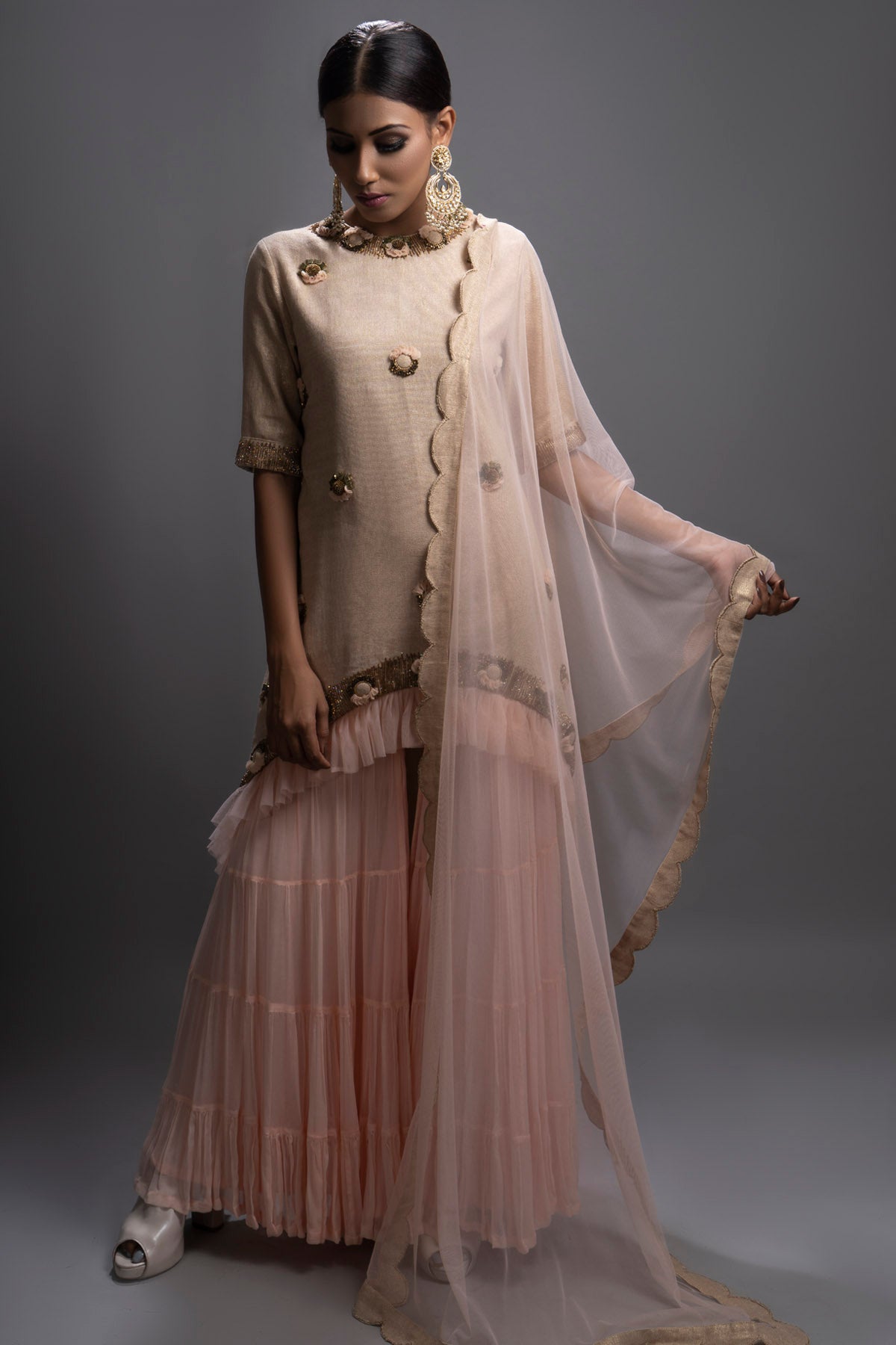 Peach Frill Patchwork Kurta Set