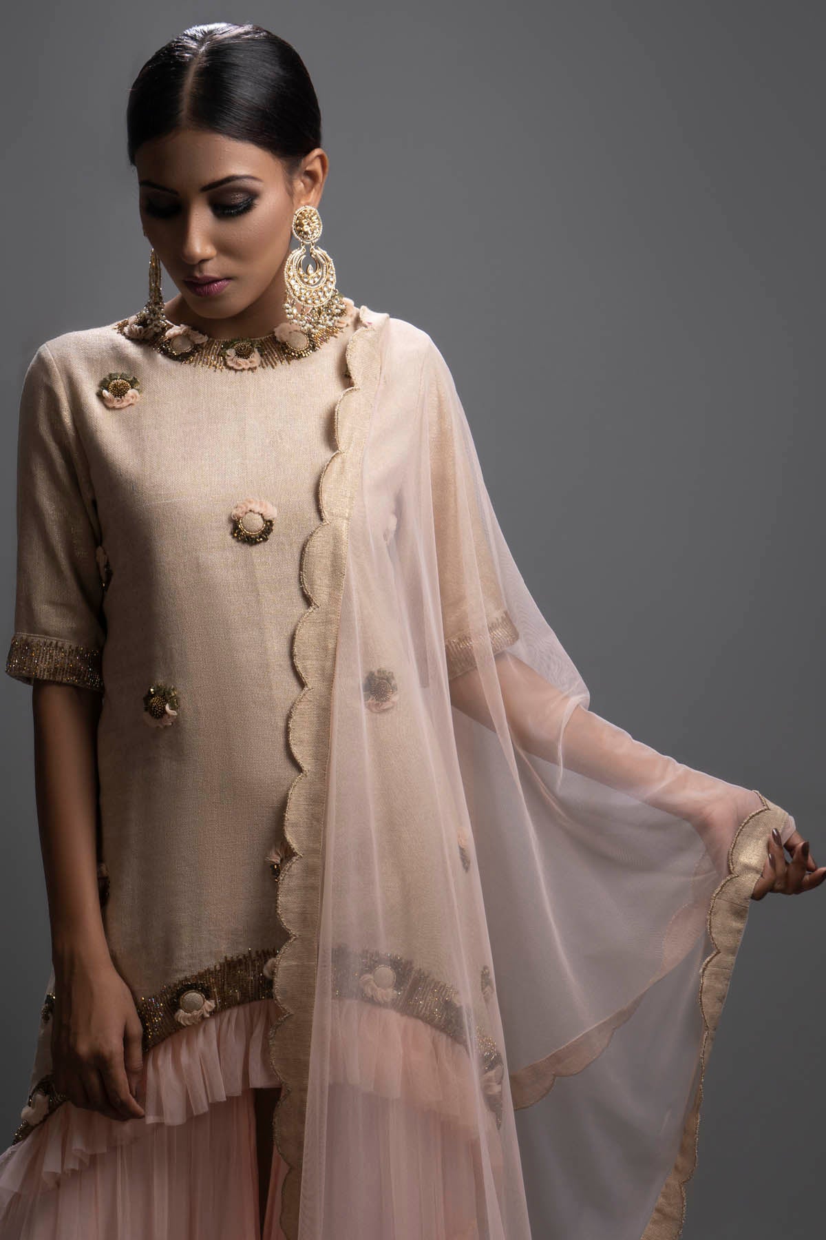 Peach Frill Patchwork Kurta Set