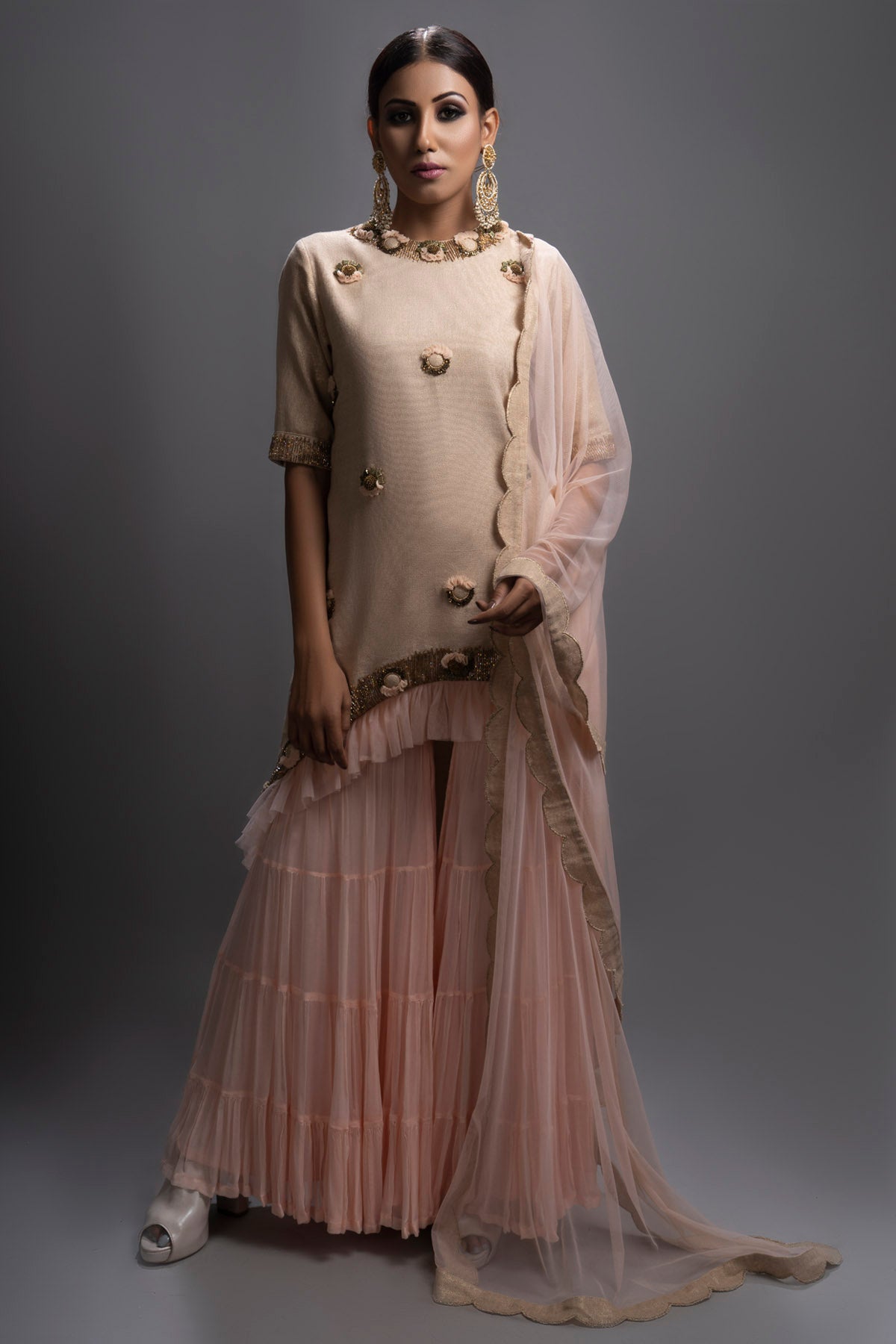 Peach Frill Patchwork Kurta Set