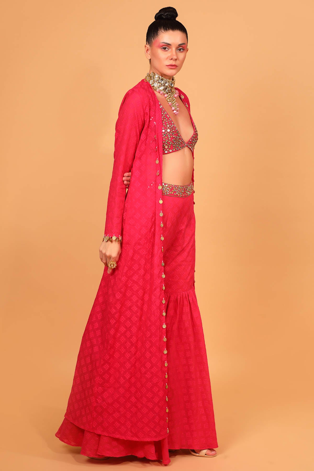 Fuchsia Chanderi Embroidered Sharara Set