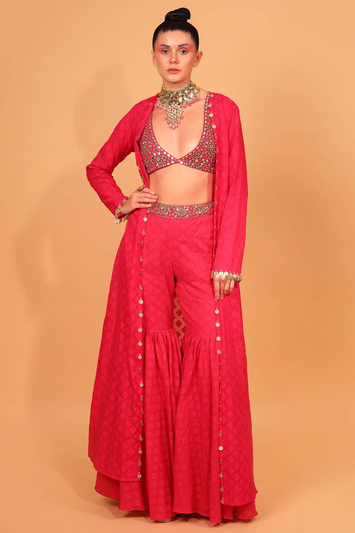Designer Neha Khullar Fuchsia Chanderi Embroidered Sharara Set for Women Online