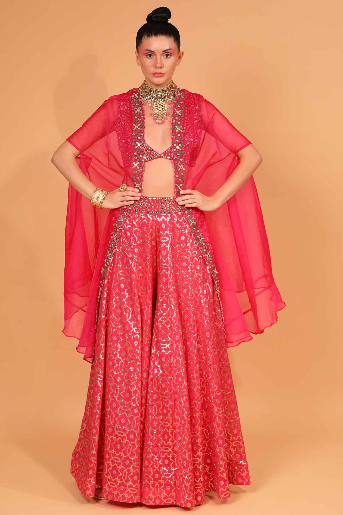 Fuchsia Embroidered Cape & Sharara Set