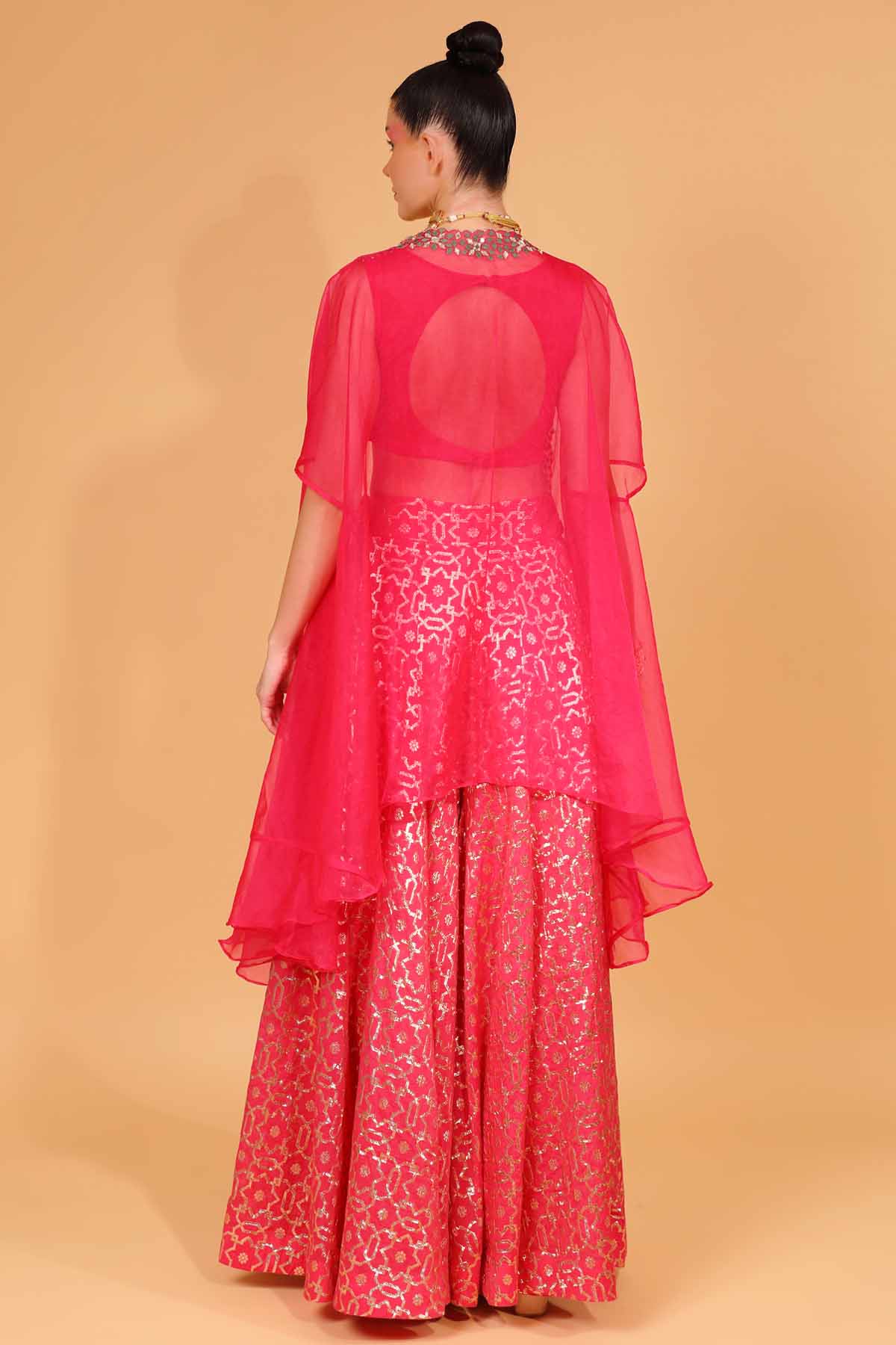 Fuchsia Embroidered Cape & Sharara Set