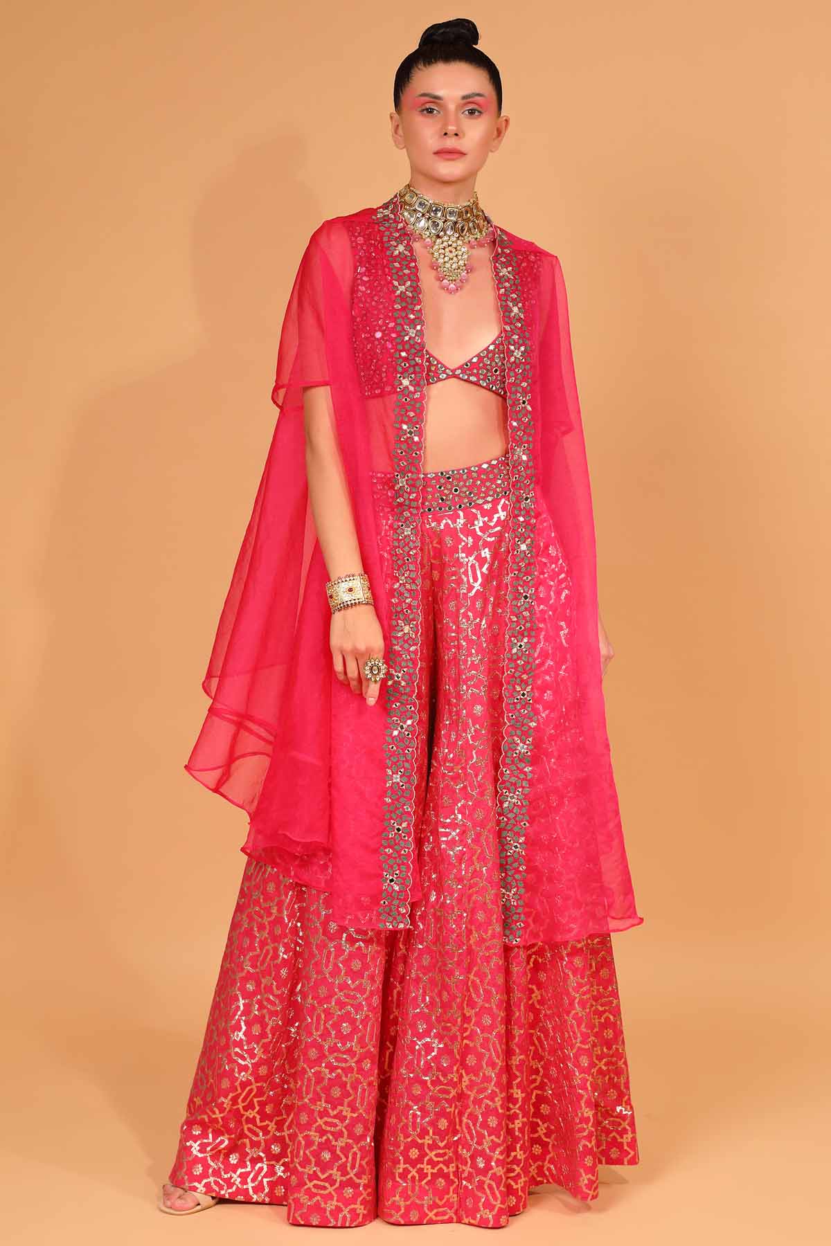 Fuchsia Embroidered Cape & Sharara Set