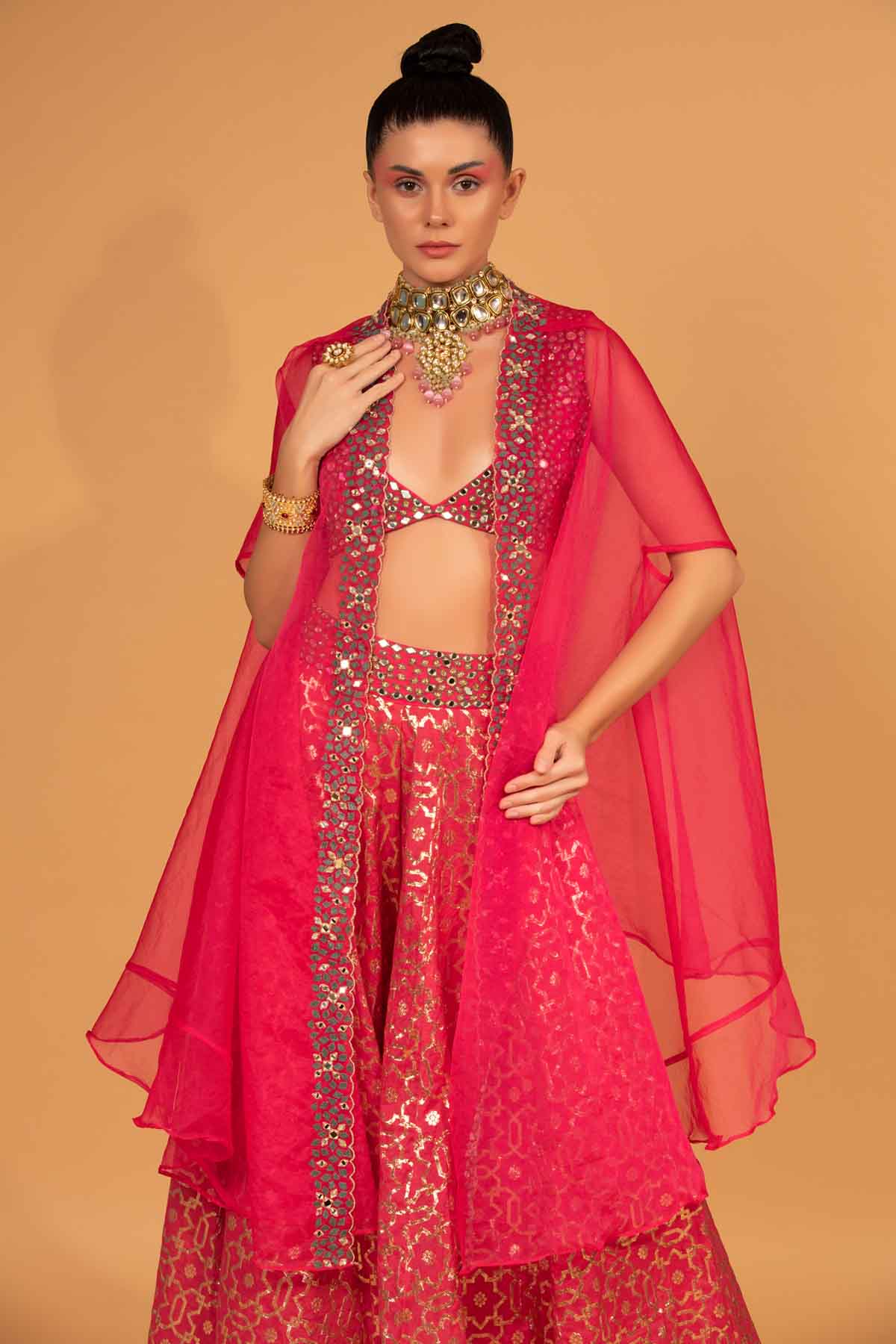 Fuchsia Embroidered Cape & Sharara Set