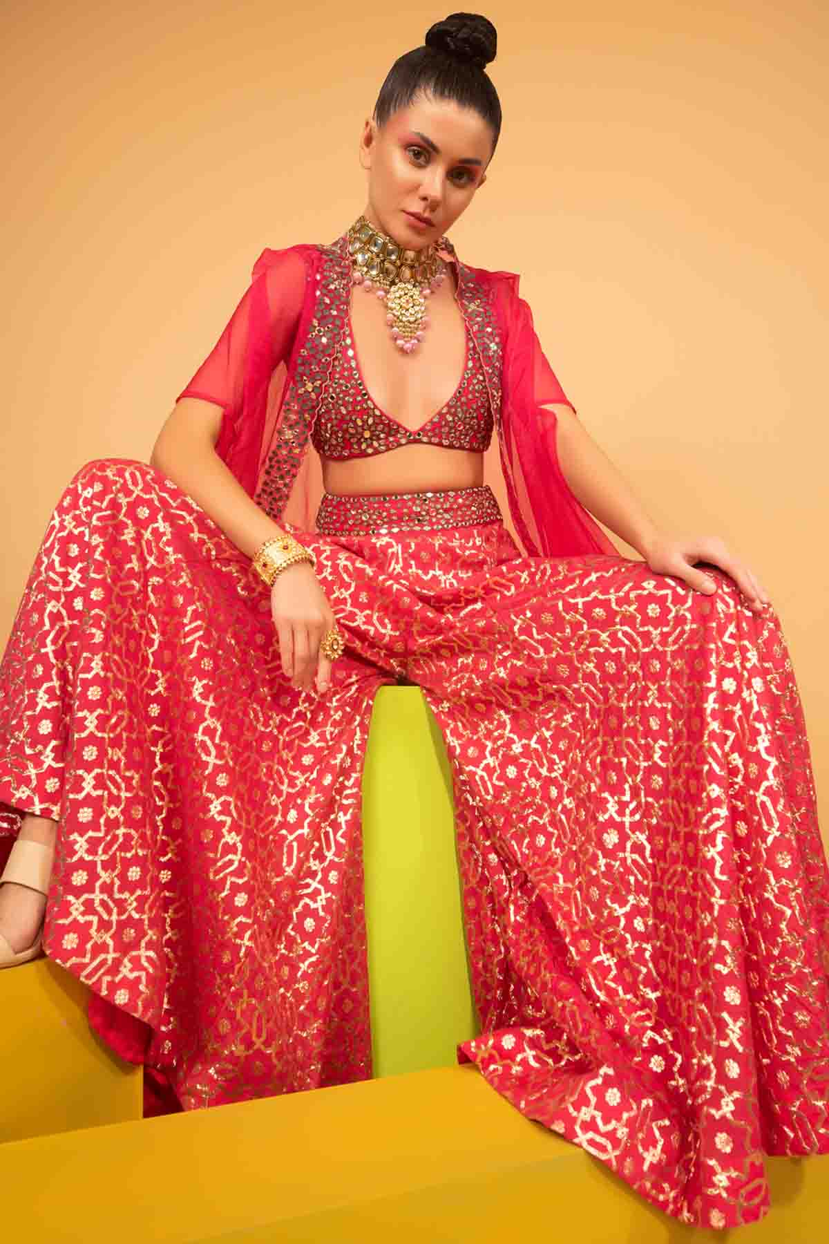 Designer Neha Khullar Fuchsia Embroidered Cape & Sharara Set for Women Online