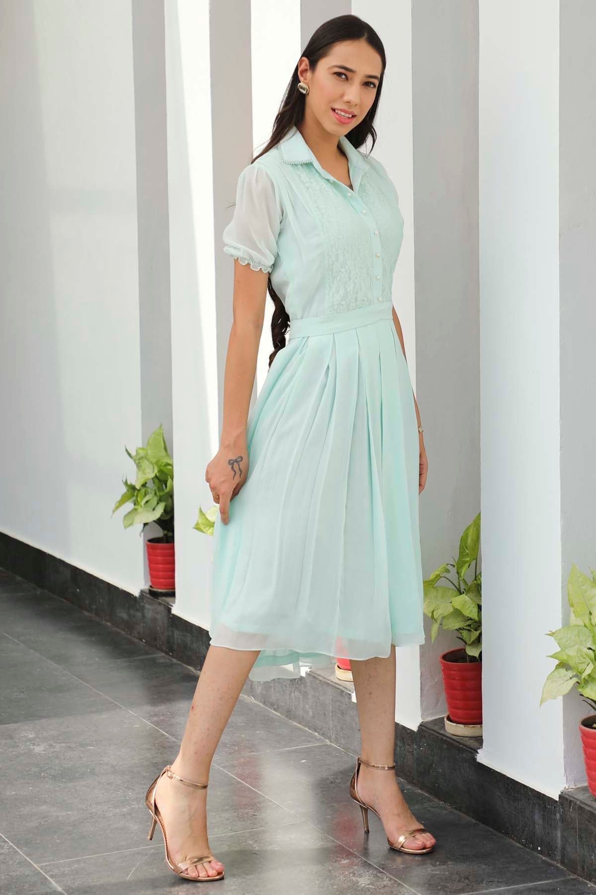 Buy Georgette Mint Green Midi Dress For Women available at ScrollnShops Buy Georgette Mint Green Midi Dress For Women available at ScrollnShops