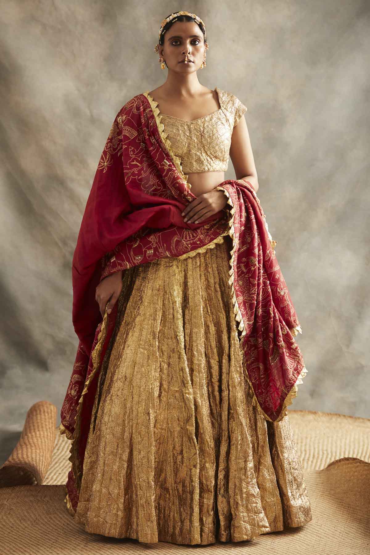 Buy ITRH, Designer Gold Zardozi Gherdar Lehenga Set Online