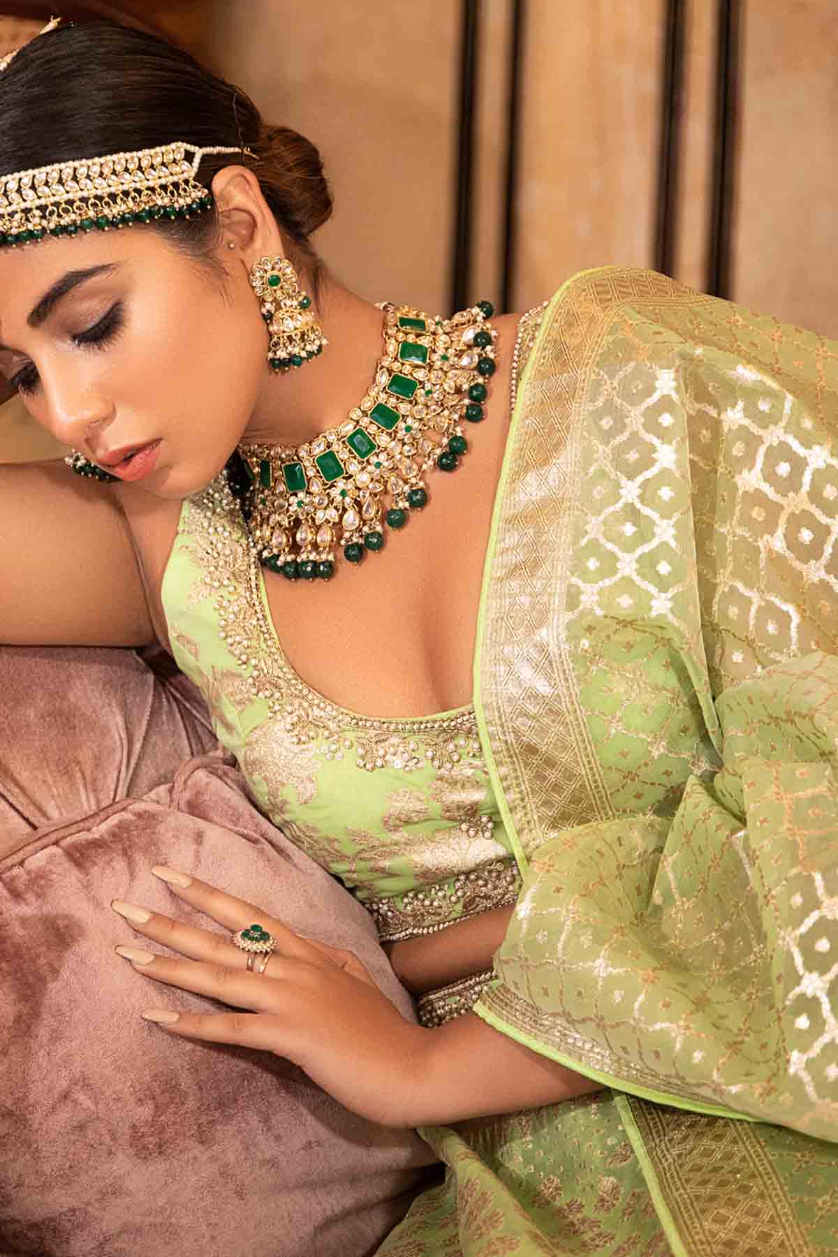 Green Banarasi Embroidered Lehenga Set