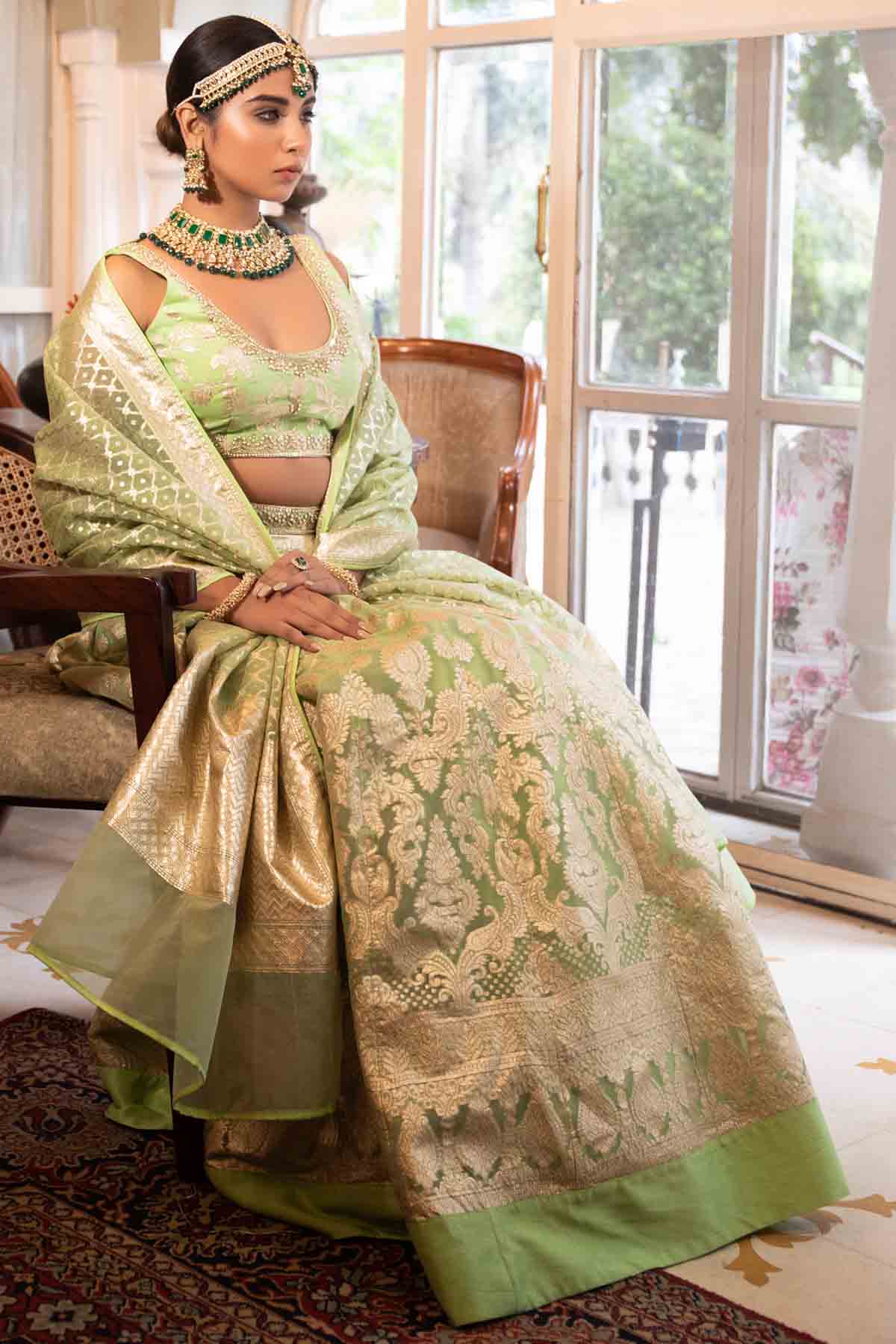 Green Banarasi Embroidered Lehenga Set
