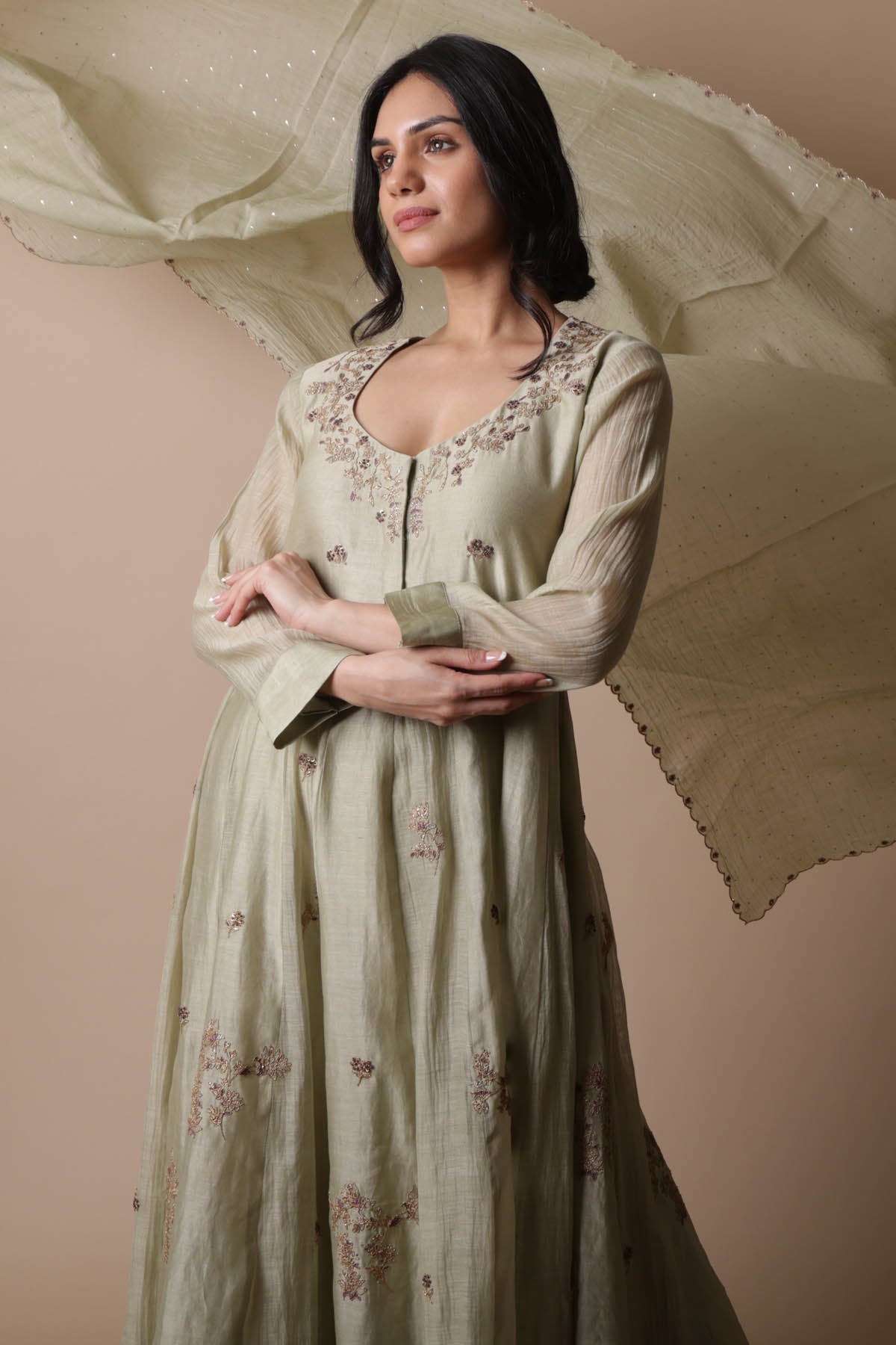 Green Chanderi Silk Anarkali Set