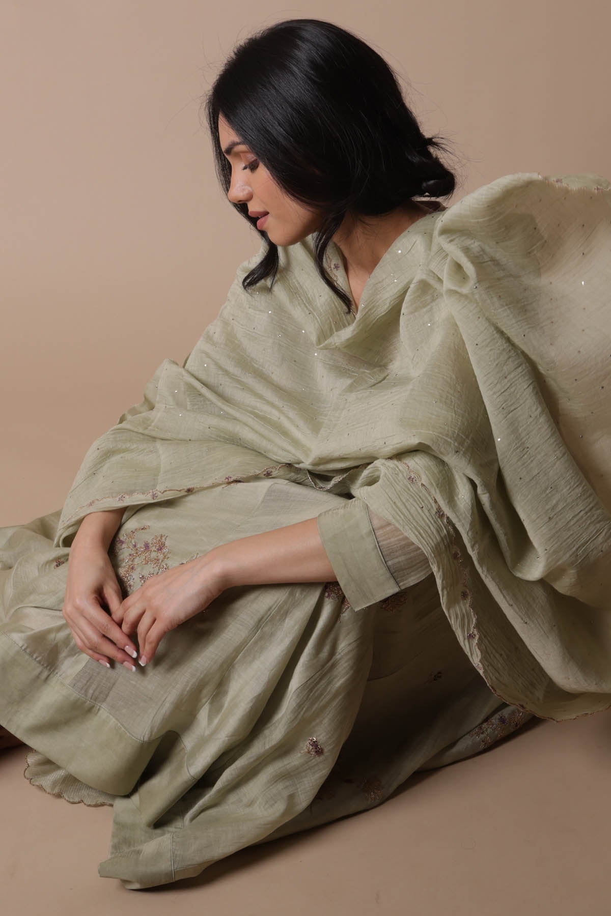 Green Chanderi Silk Anarkali Set