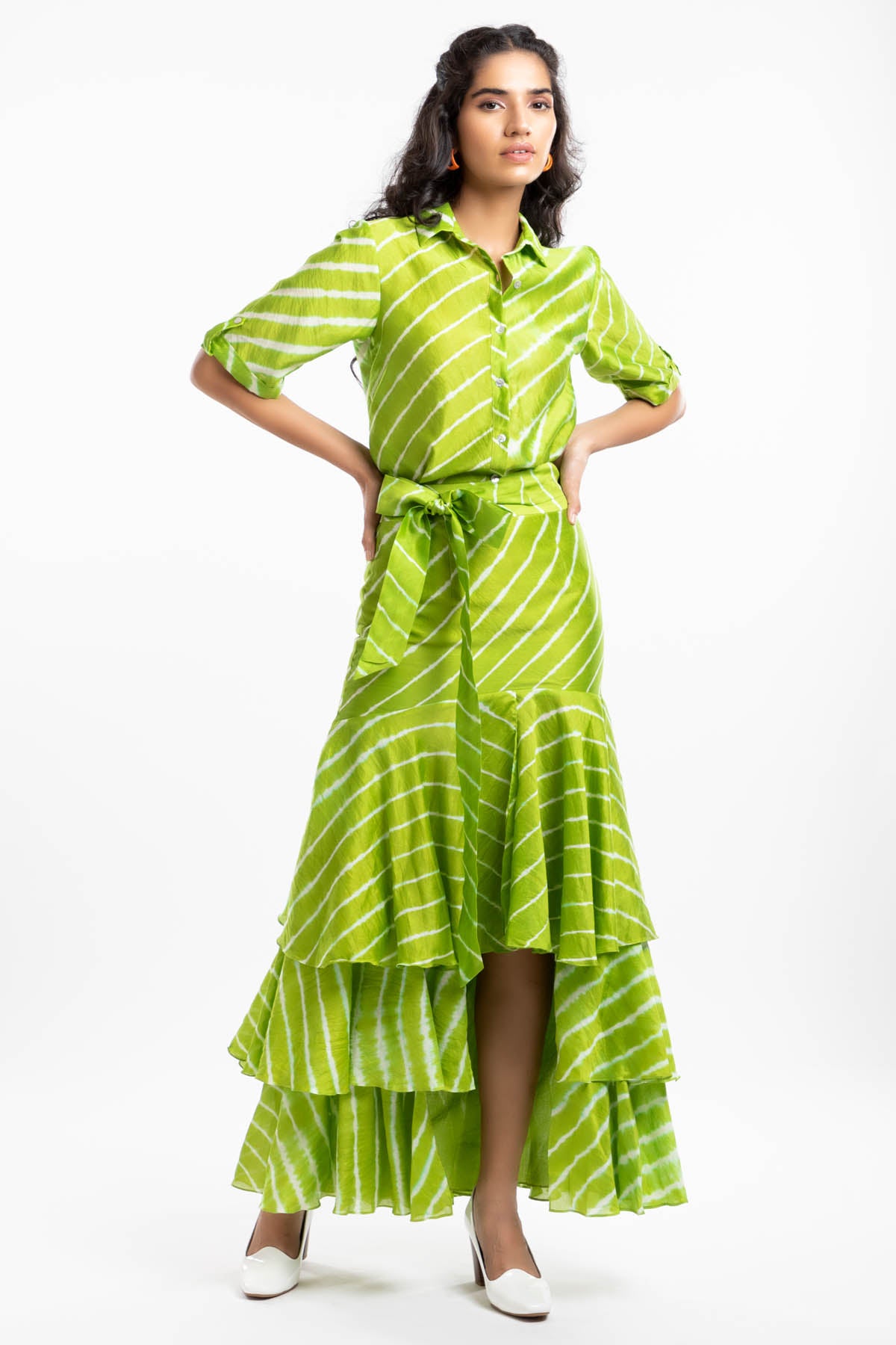 Green Chanderi Striped Skirt
