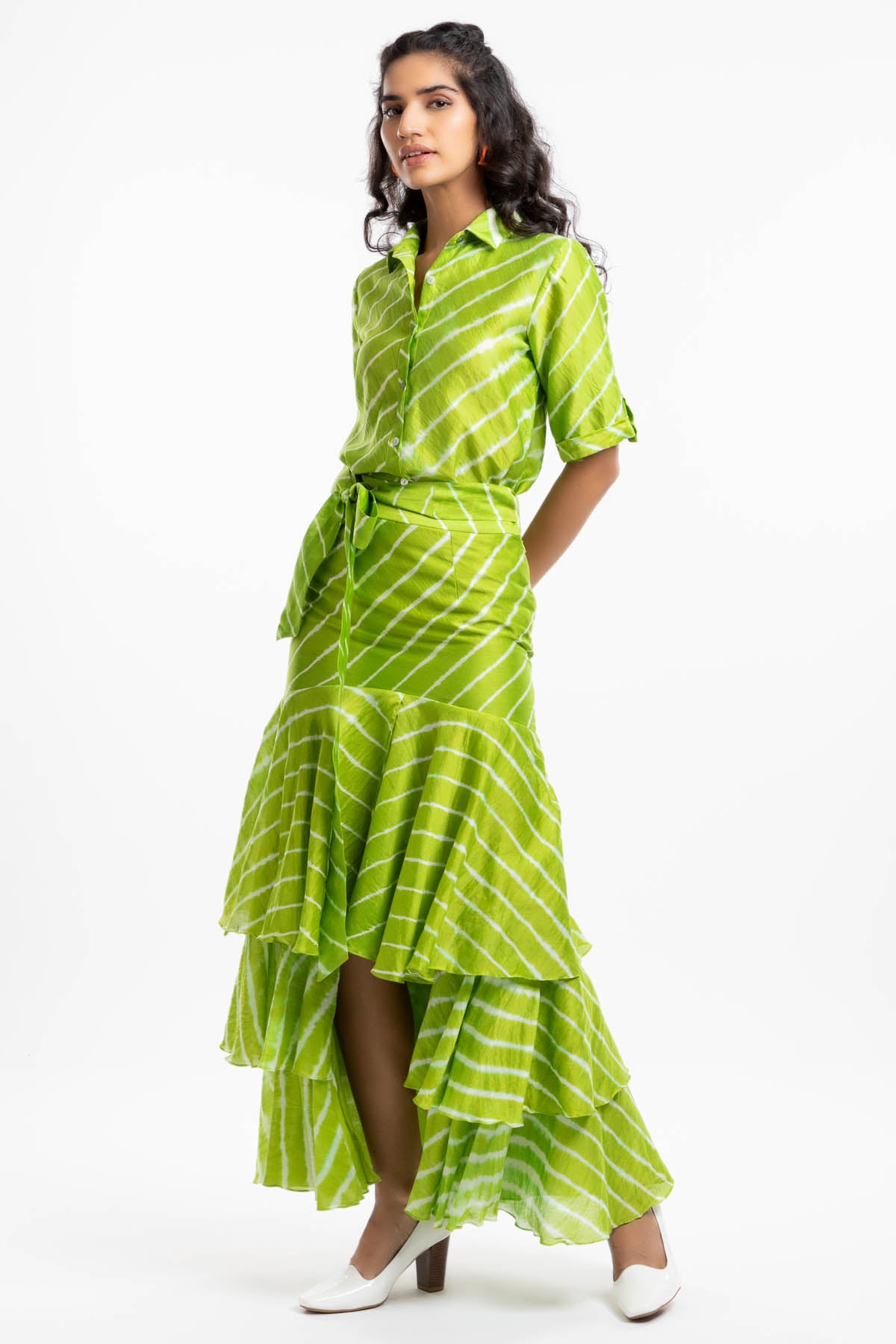 Green Chanderi Striped Skirt