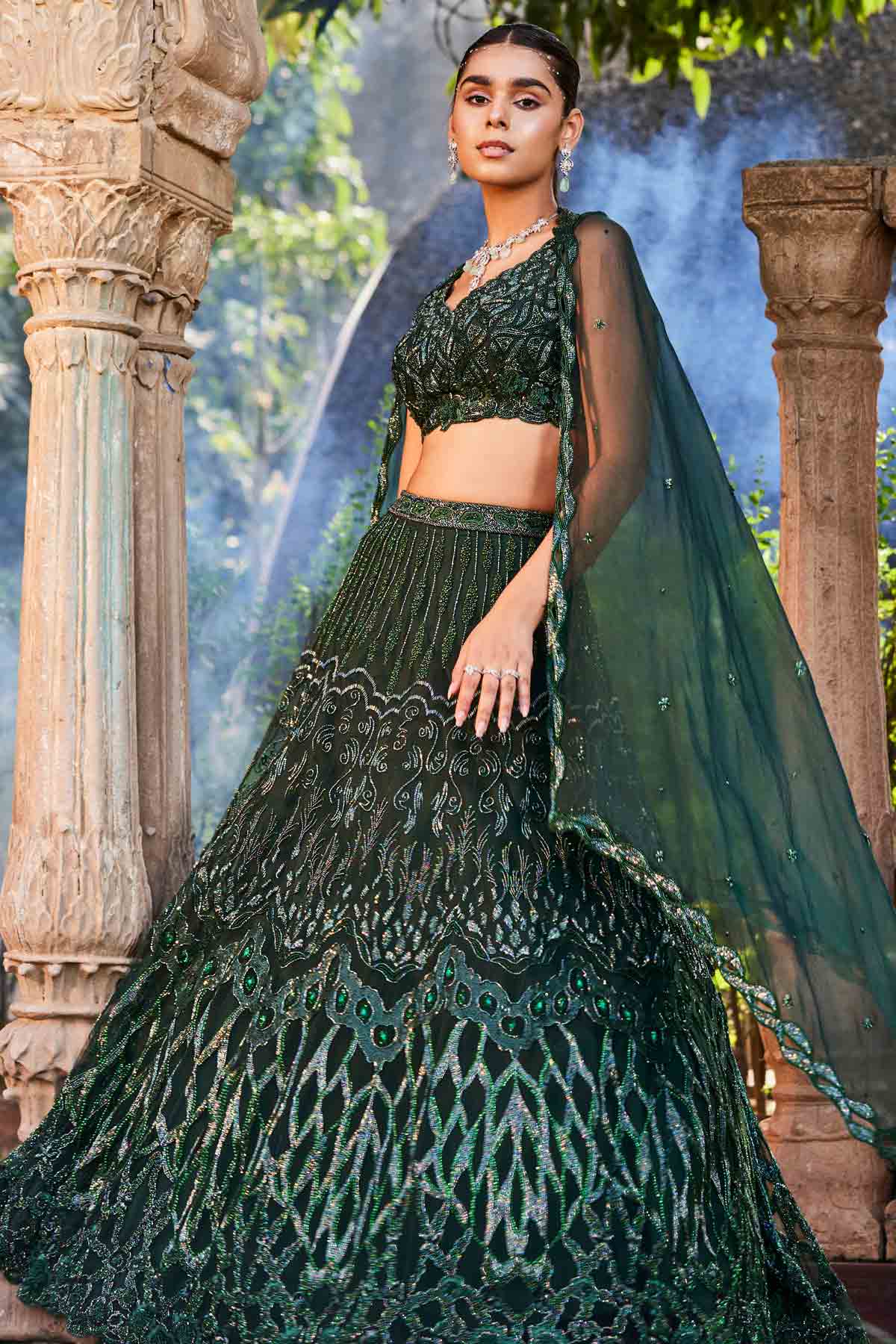 Green Embroidered Lehenga Set