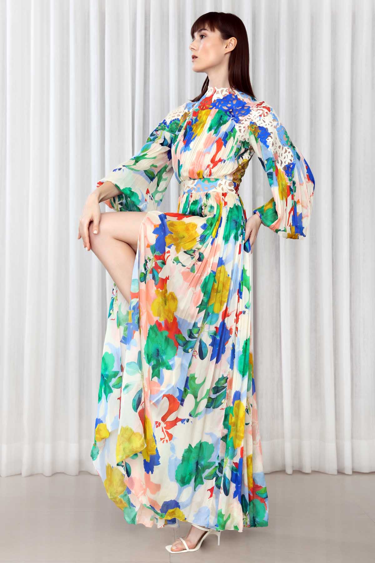 Green Hibiscus Printed Chiffon Dress