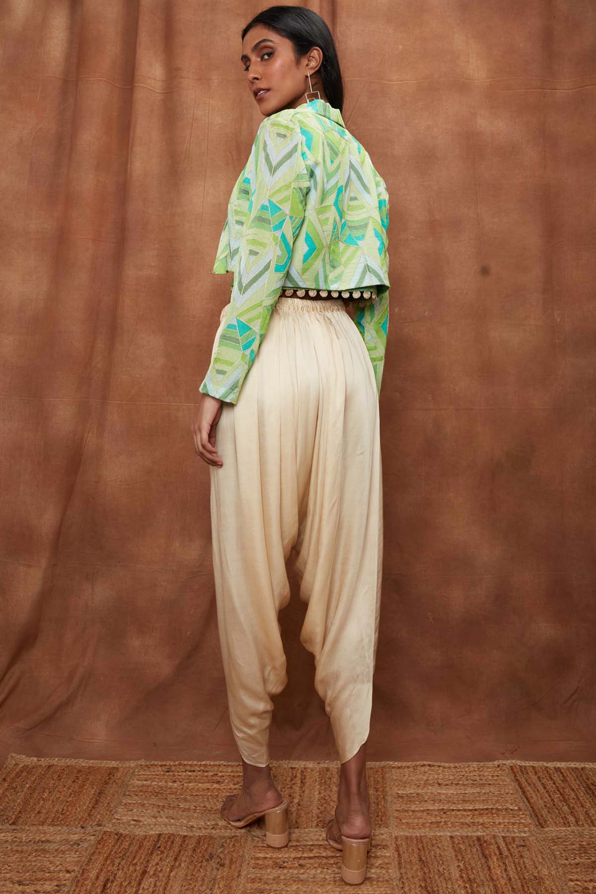 Green Open Jacket With Dhoti Set