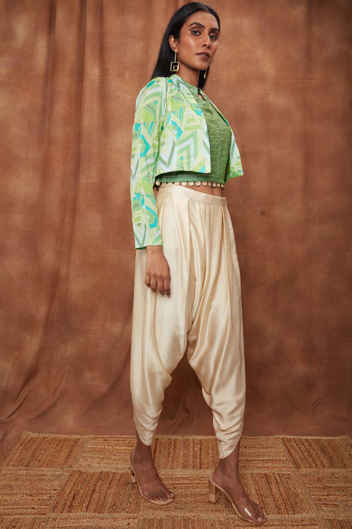 Green Open Jacket With Dhoti Set