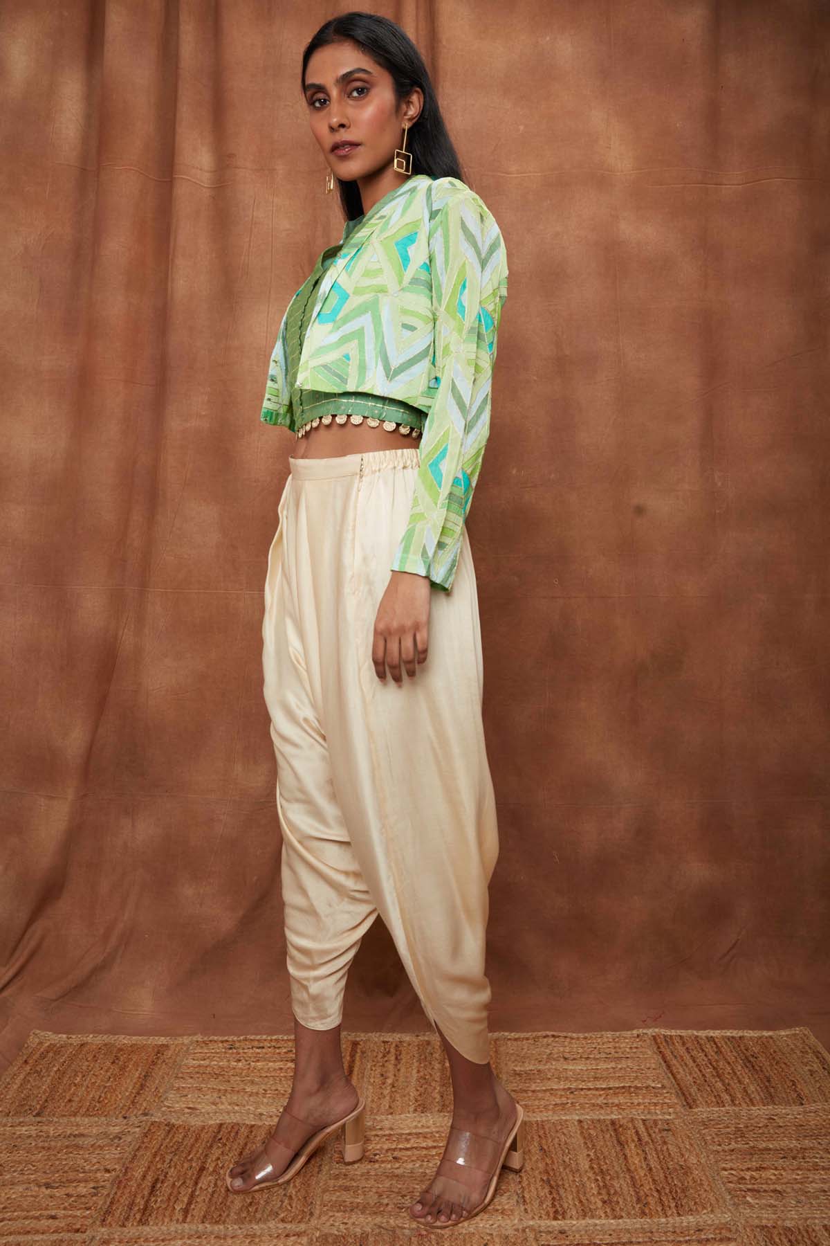 Green Open Jacket With Dhoti Set
