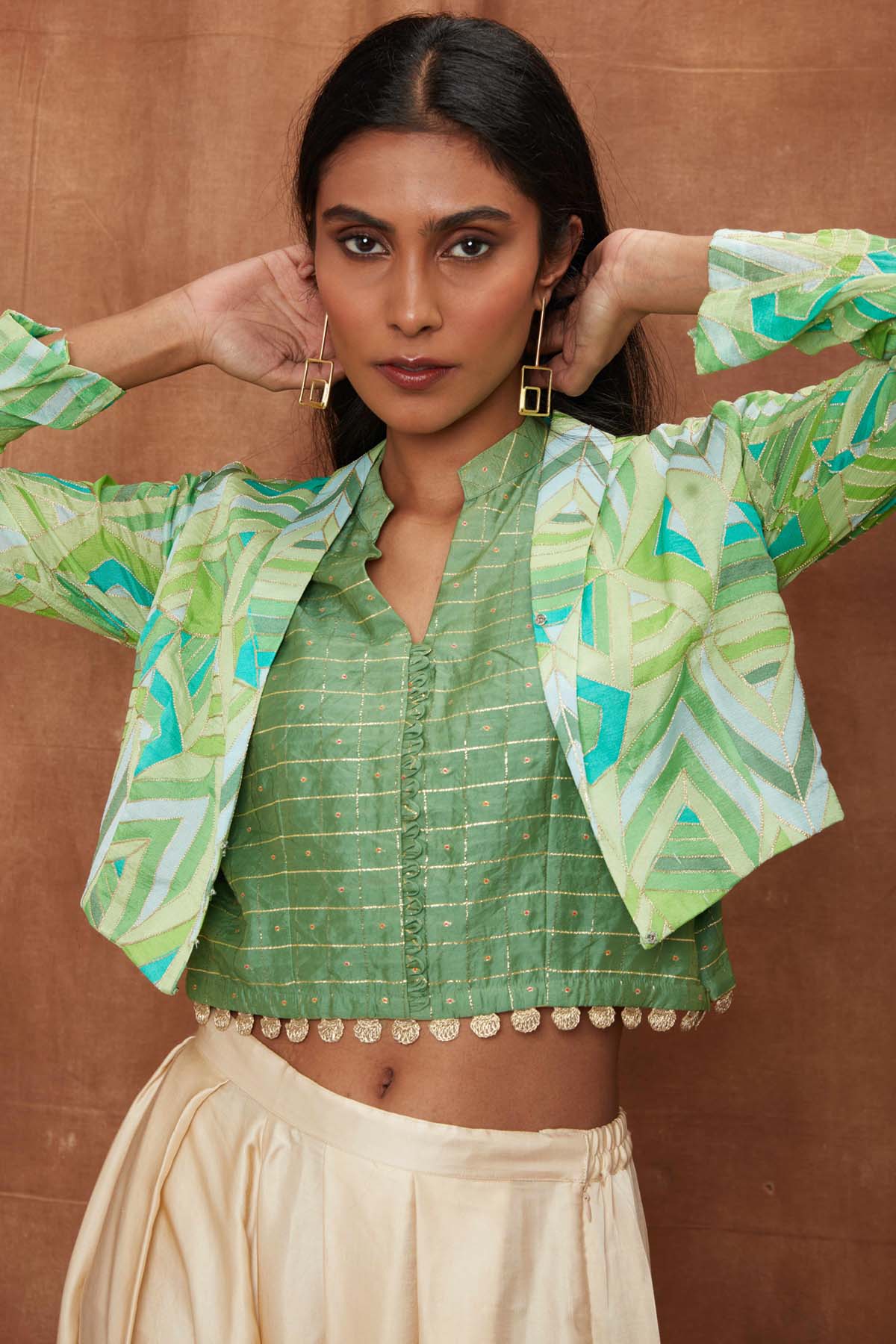 Green Open Jacket With Dhoti Set