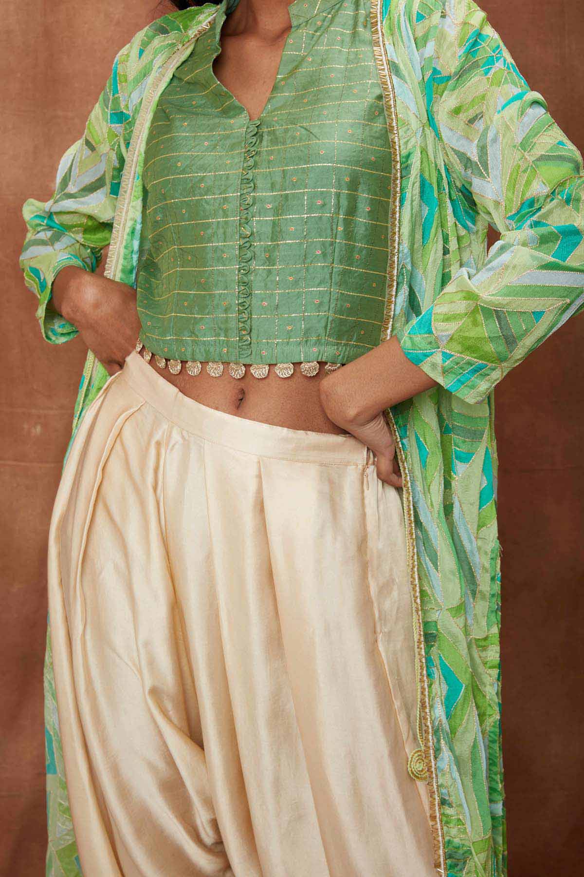 Green Placement Cape With Dhoti Set