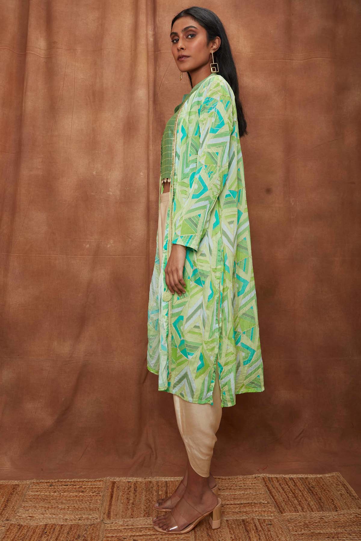 Green Placement Cape With Dhoti Set