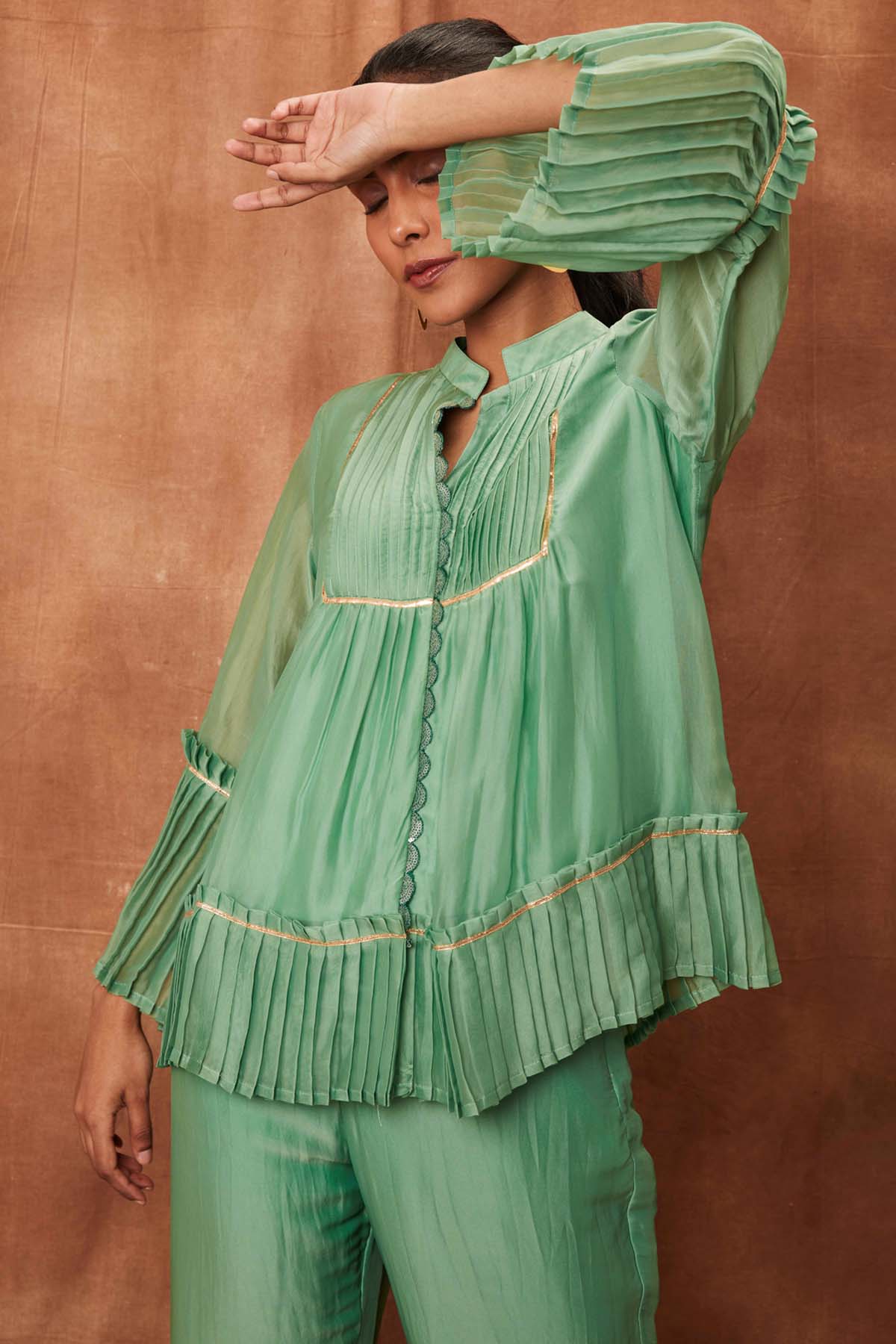 Green Silk Pleated Top & Pants
