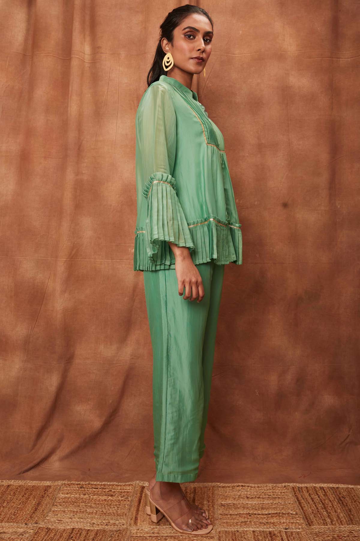 Green Silk Pleated Top & Pants