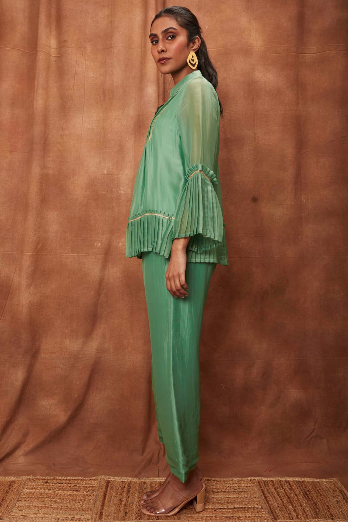 Green Silk Pleated Top & Pants