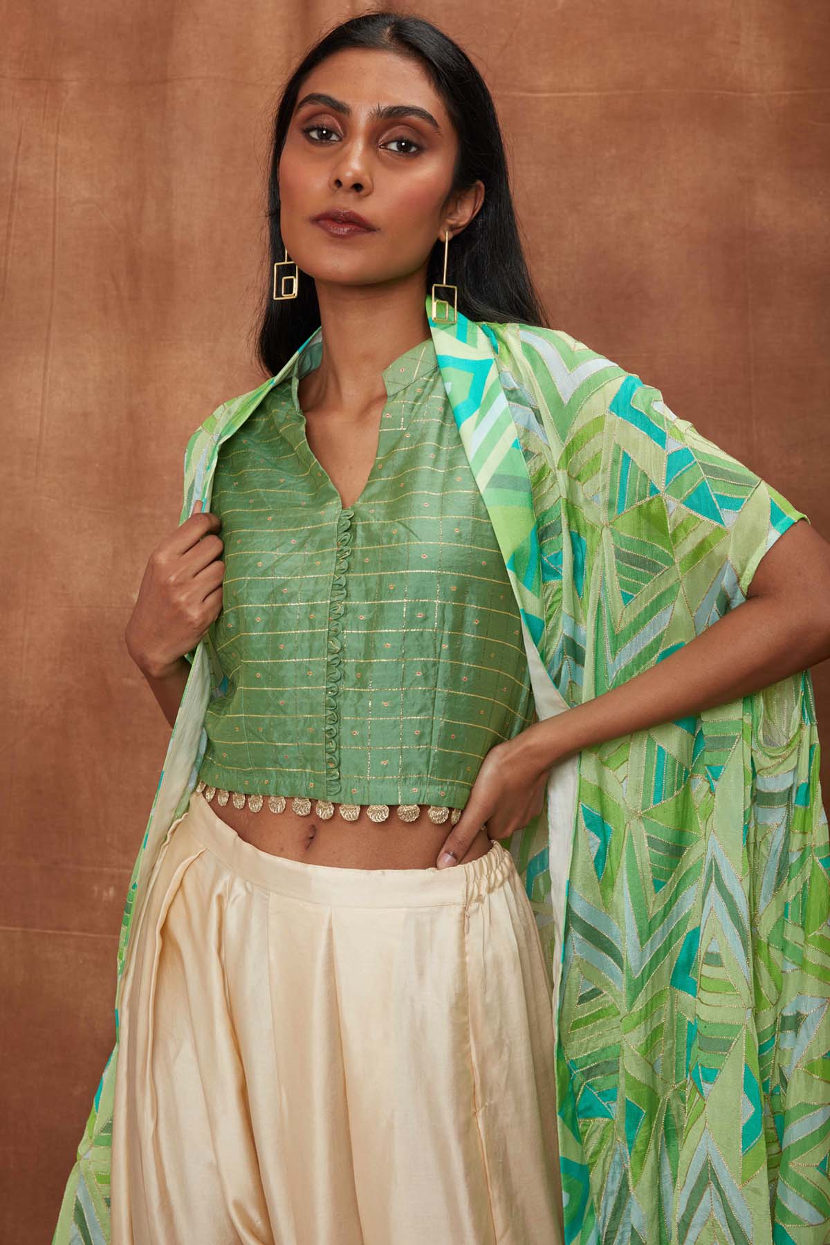 Green Structured Cape With Dhoti Set