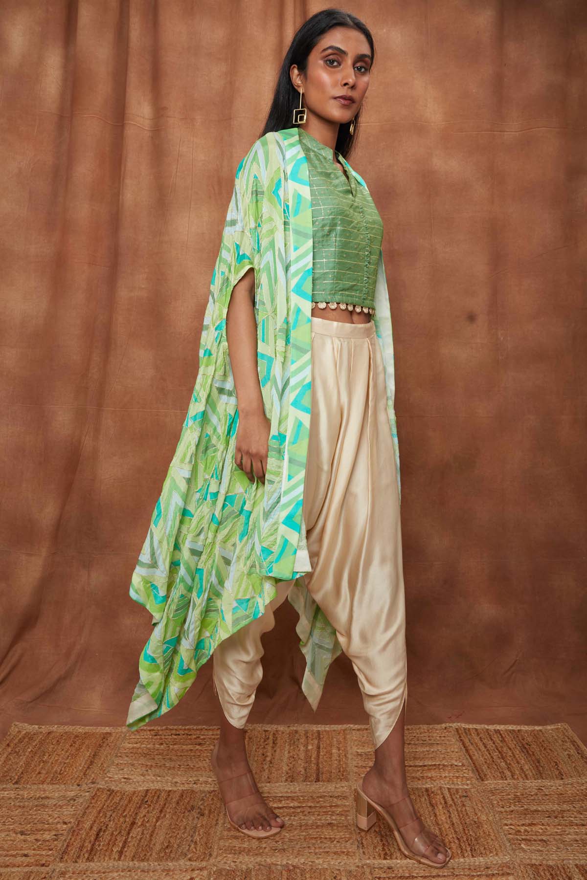 Green Structured Cape With Dhoti Set