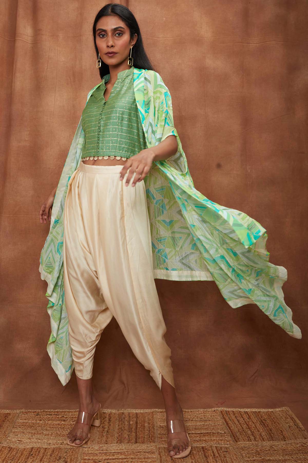 Green Structured Cape With Dhoti Set