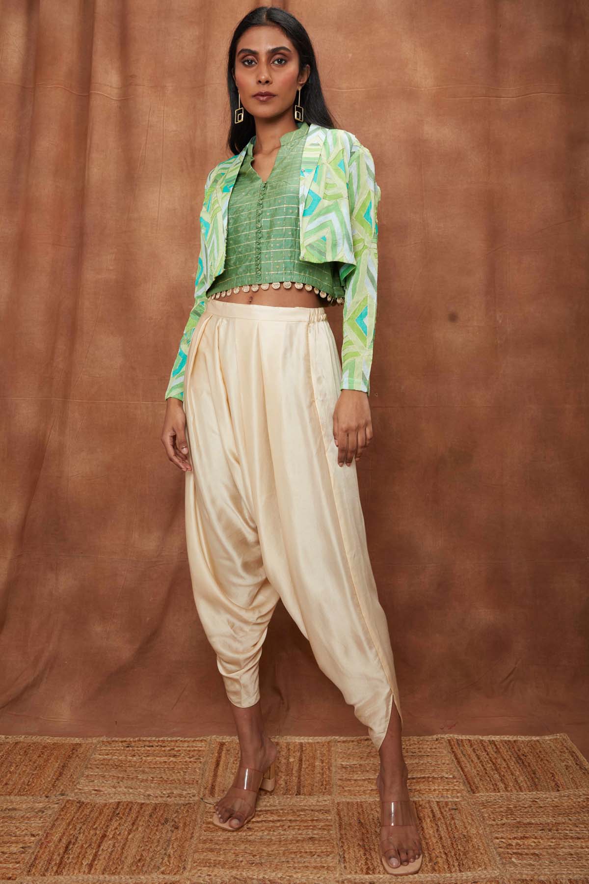 Buy Green Open Jacket With Dhoti Set for Women Online