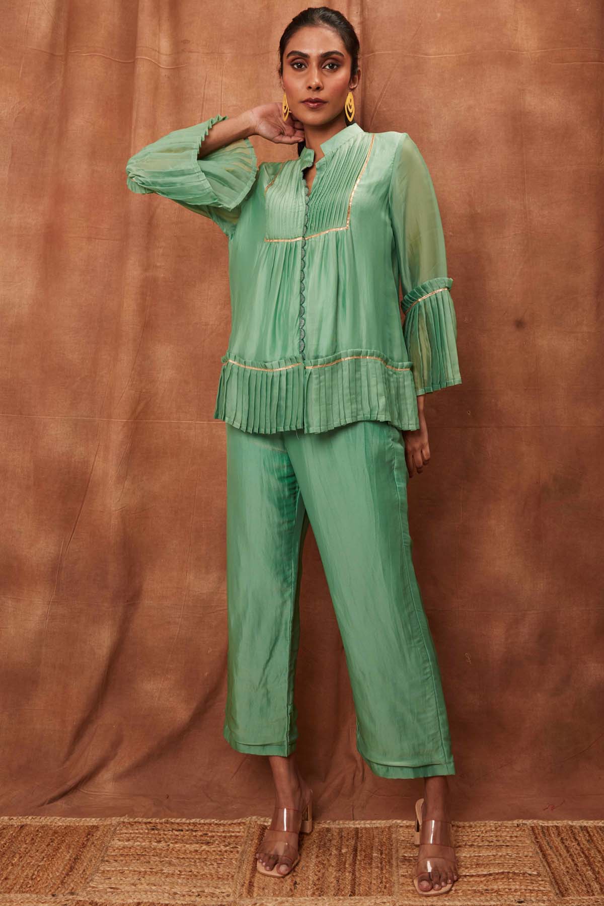 Buy Green Silk Pleated Top & Pants for Women Online