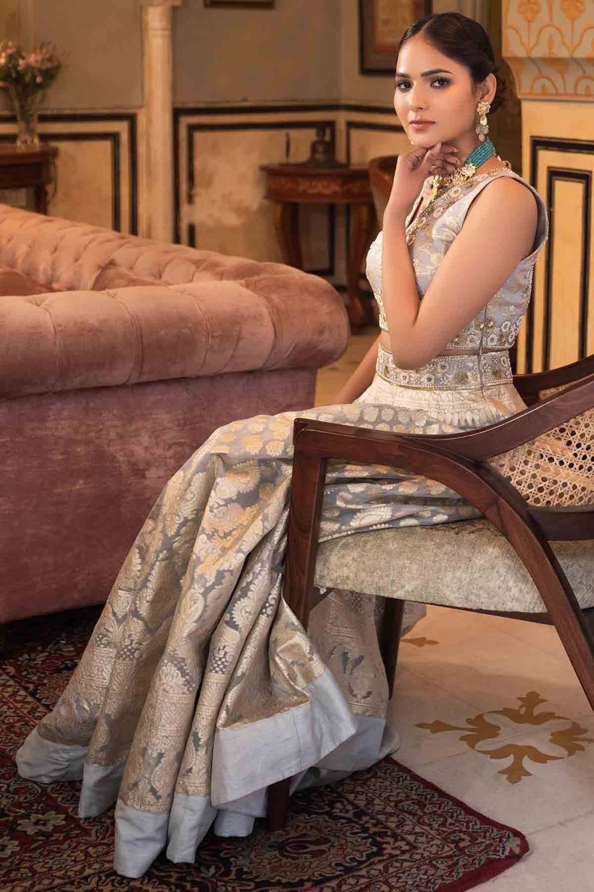 Grey Banarasi Embroidered Lehenga Set