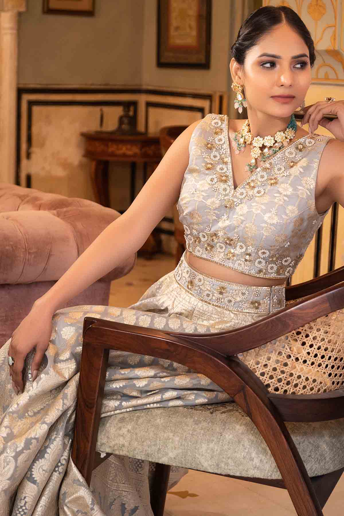Grey Banarasi Embroidered Lehenga Set