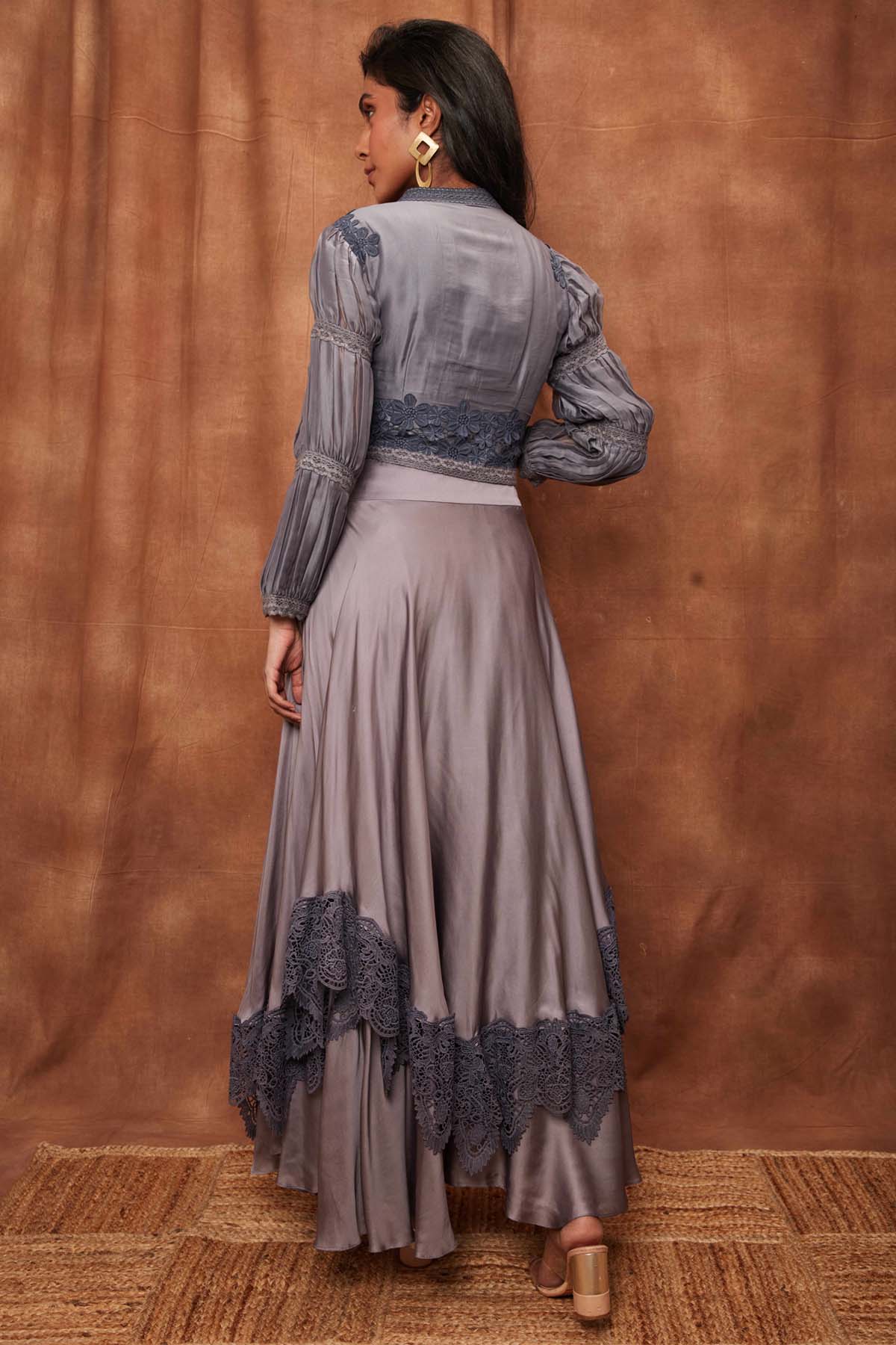 Grey Silk Jacket & Laced Skirt