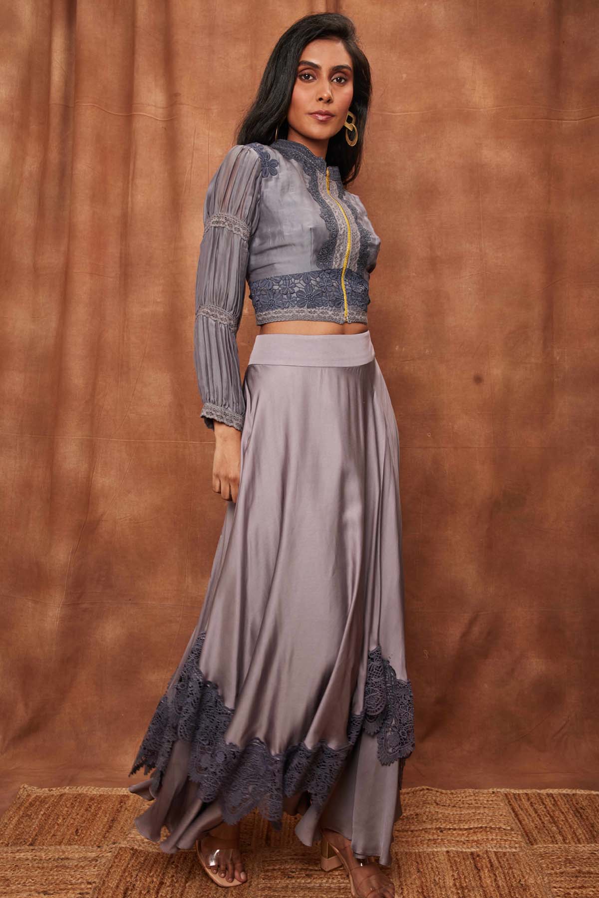 Grey Silk Jacket & Laced Skirt