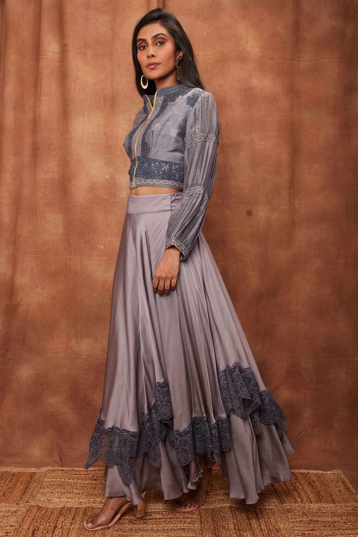 Grey Silk Jacket & Laced Skirt