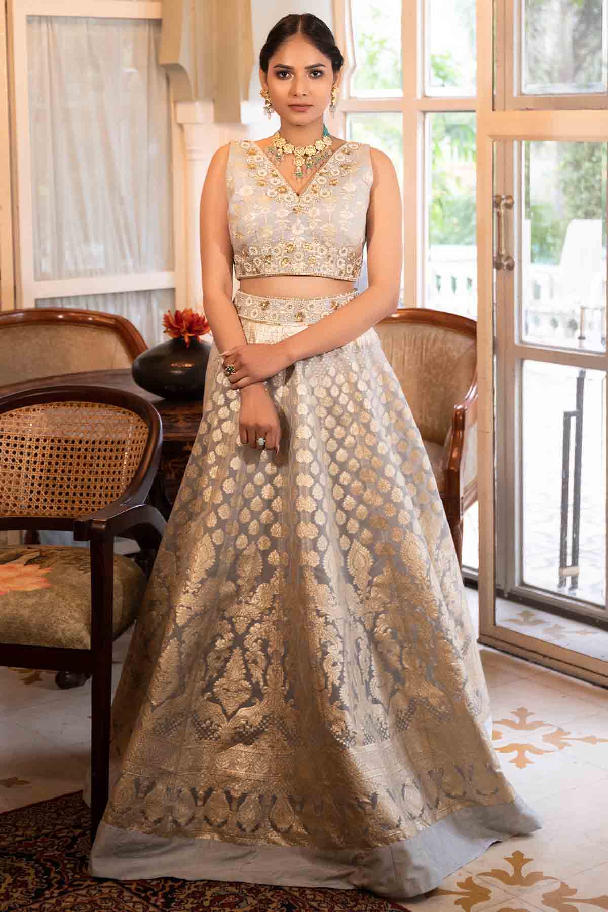 Designer Neha Khullar Grey Banarasi Embroidered Lehenga Set for Women Online