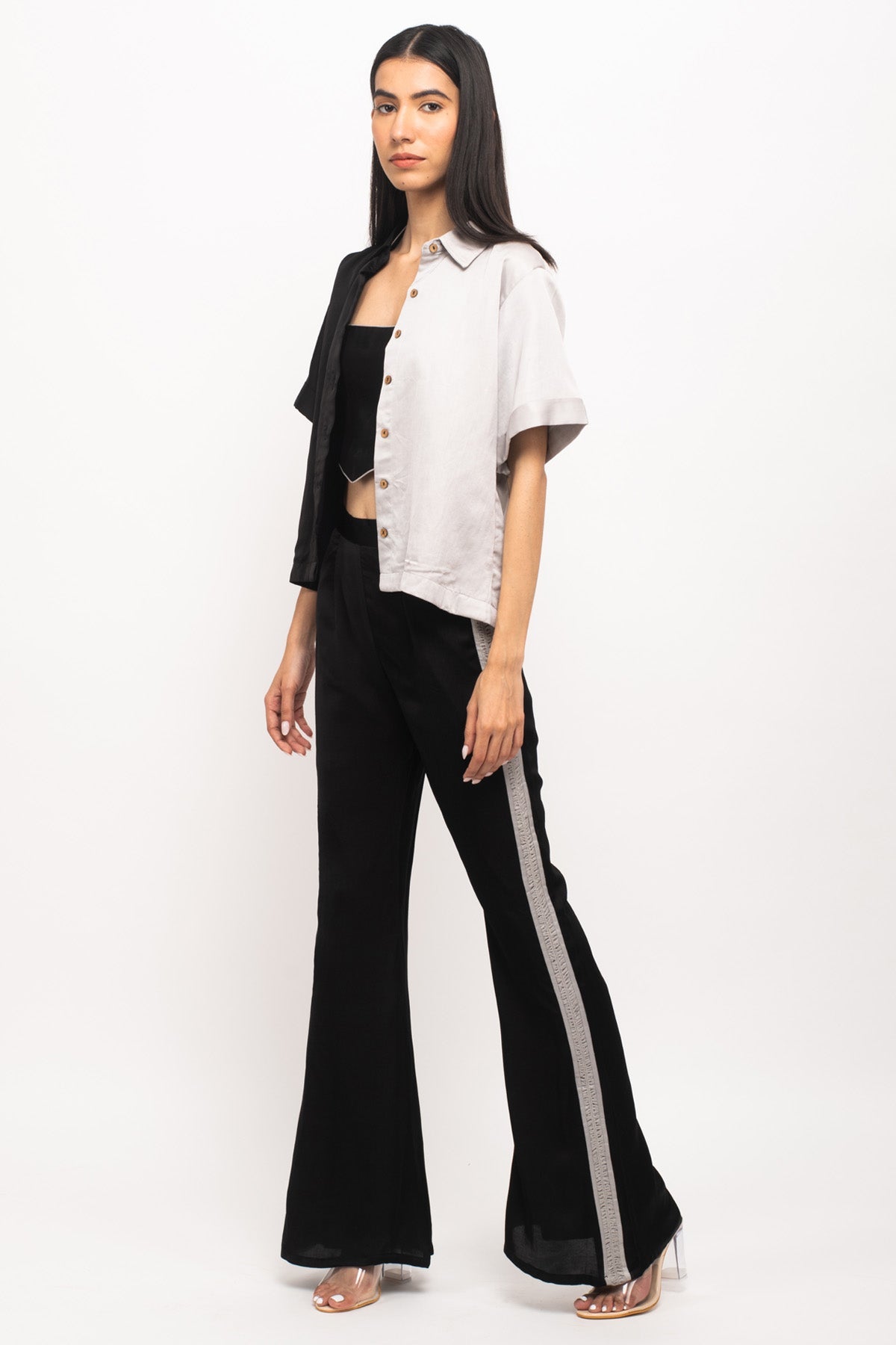 Buy Neora by Nehal ChopraGrey Piping Three piece Co-ord Set for Women Online