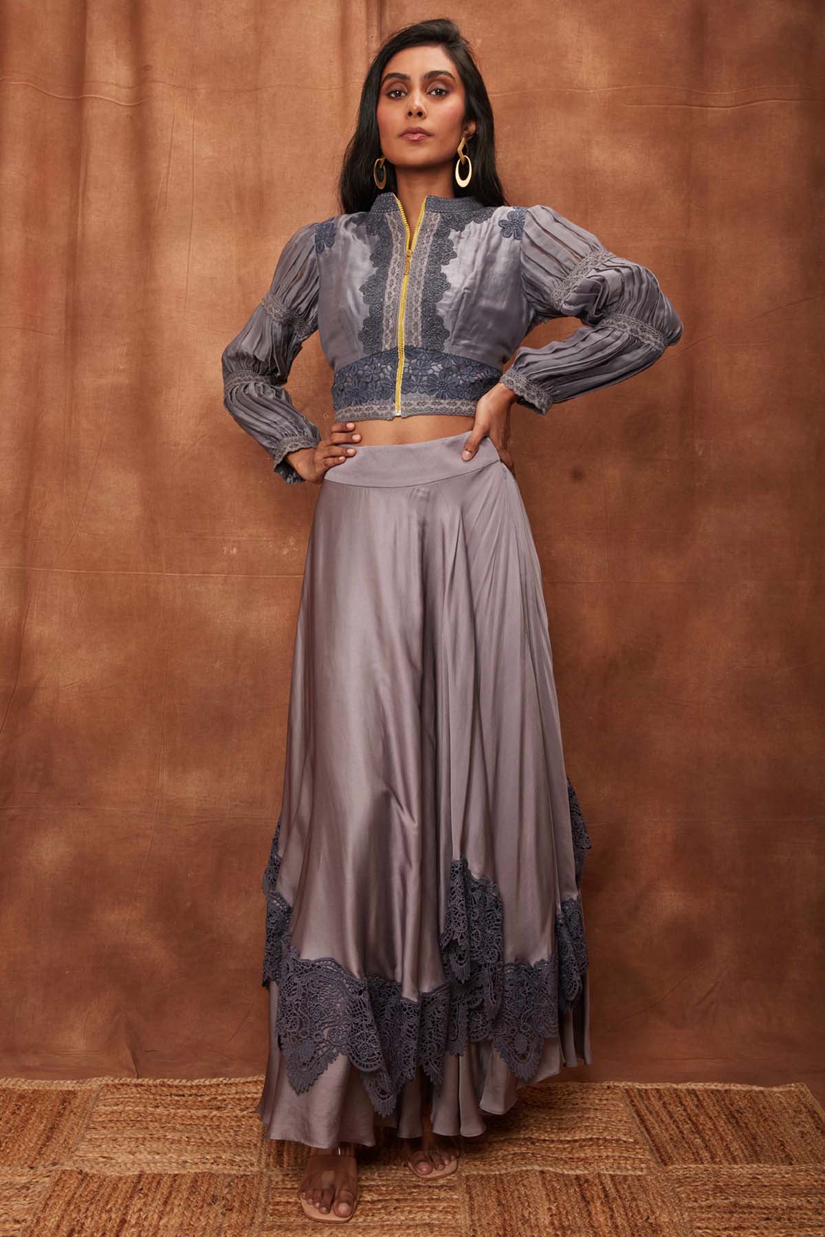 Buy Grey Silk Jacket & Laced Skirt for Women Online