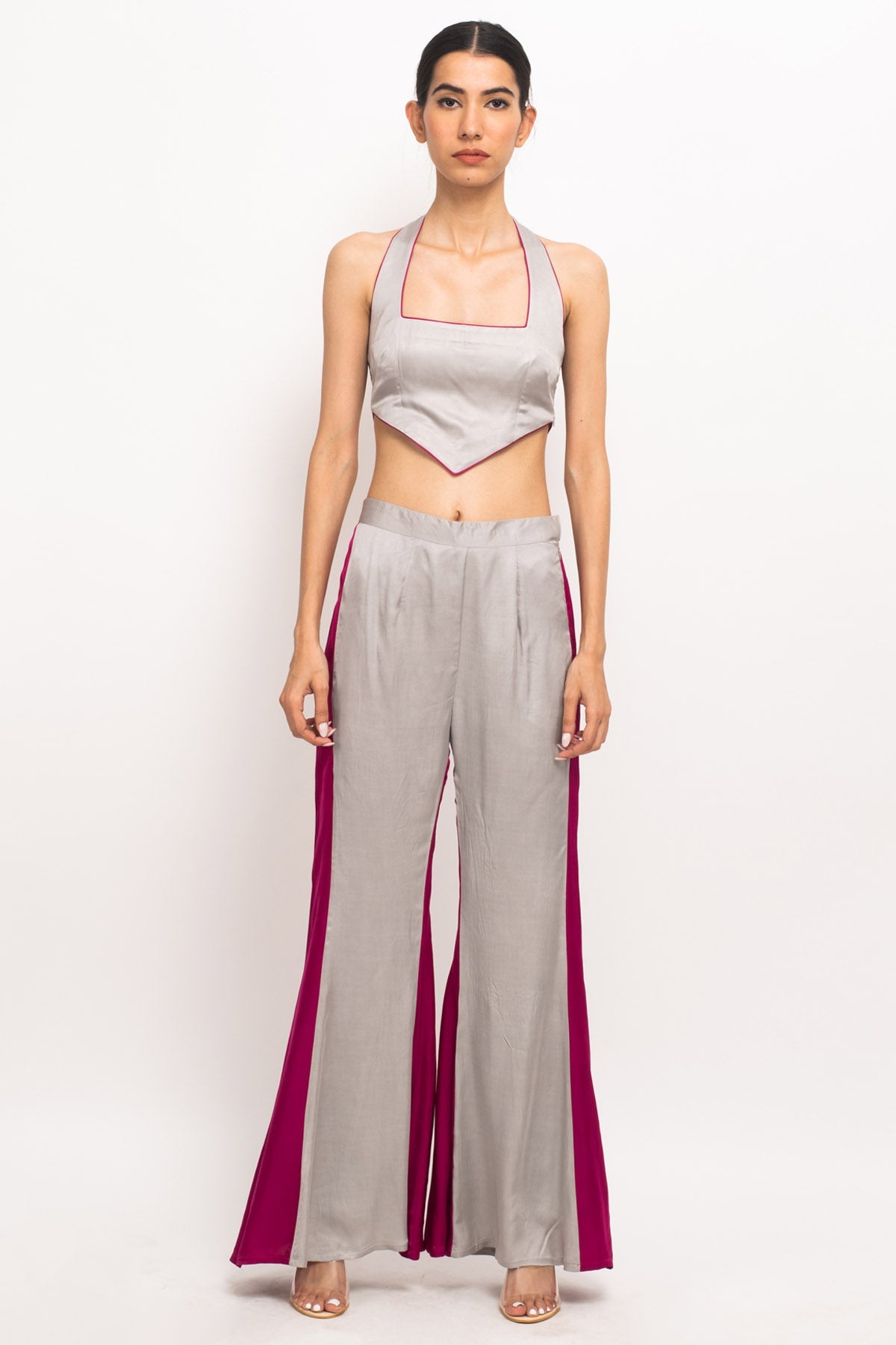 Buy Neora by Nehal ChopraGrey & Wine Color Blocked Co-ord Set for Women Online