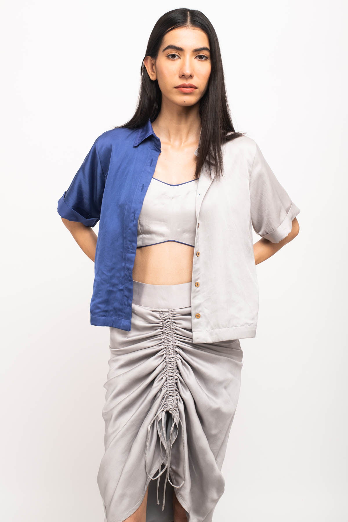 Half & Half Crop Shirt & Ruched Skirt Set