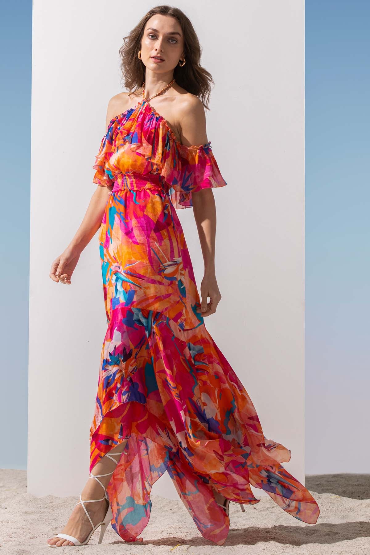 Halter Asymmetric Printed Dress