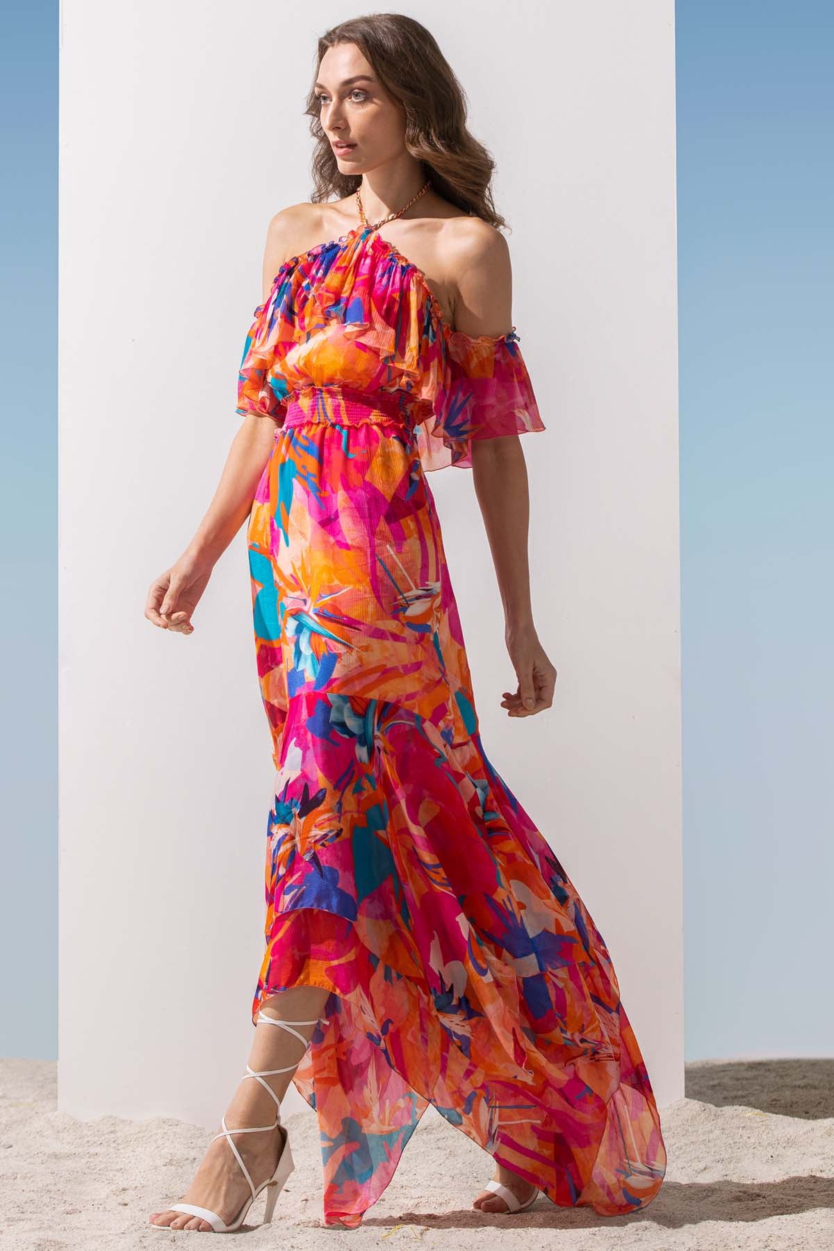 Halter Asymmetric Printed Dress